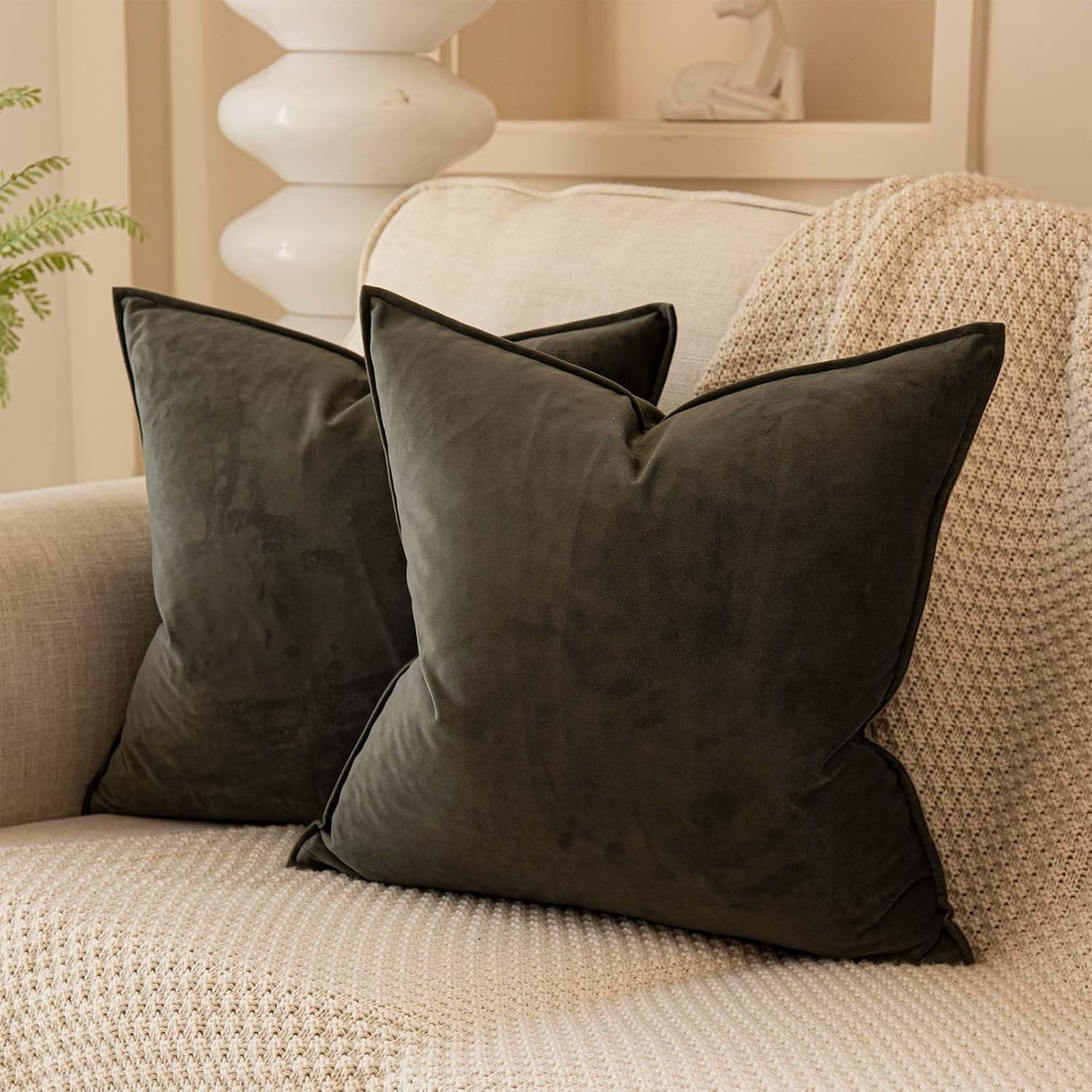 JUSPURBET 22x22 Pillow Covers Set of 2 Decorative Throw Pillow Covers Case for Couch Sofa Bed Soft Velvet Cushion Covers with Hidden Zipper for Home Decor Living Room,Olive