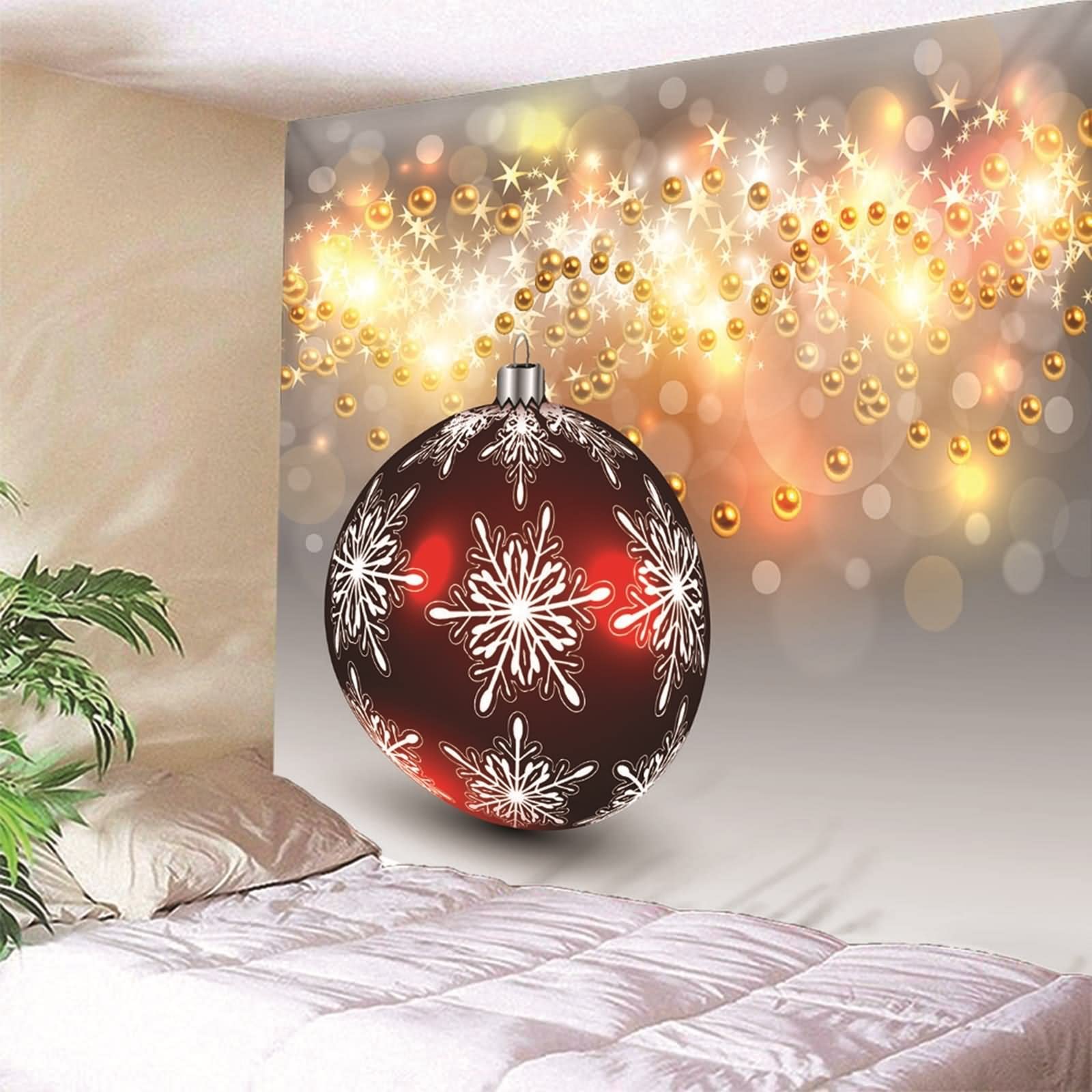 Tapices Colores, Tapiz Navideño Bola con Copo de Nieve con Estrellas Rojo Oro Blanco Gris Poliéster 240X220cm