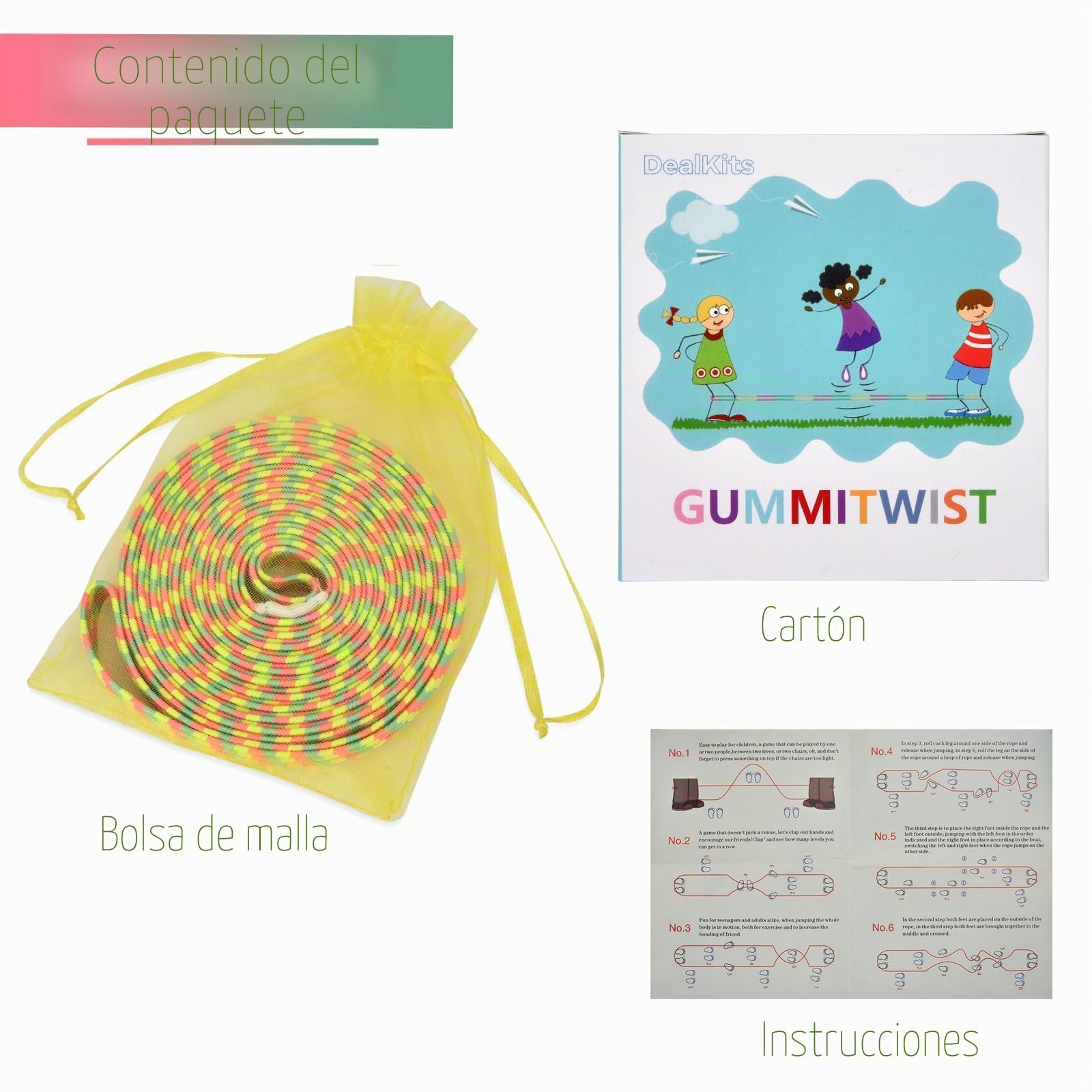 DealKits Gummitwist - Juego de cuerda de saltar para niños, goma de goma, 4 m, con instrucciones, juego de jardín, juego de pausa, regalo de escolarización para niñas y niños