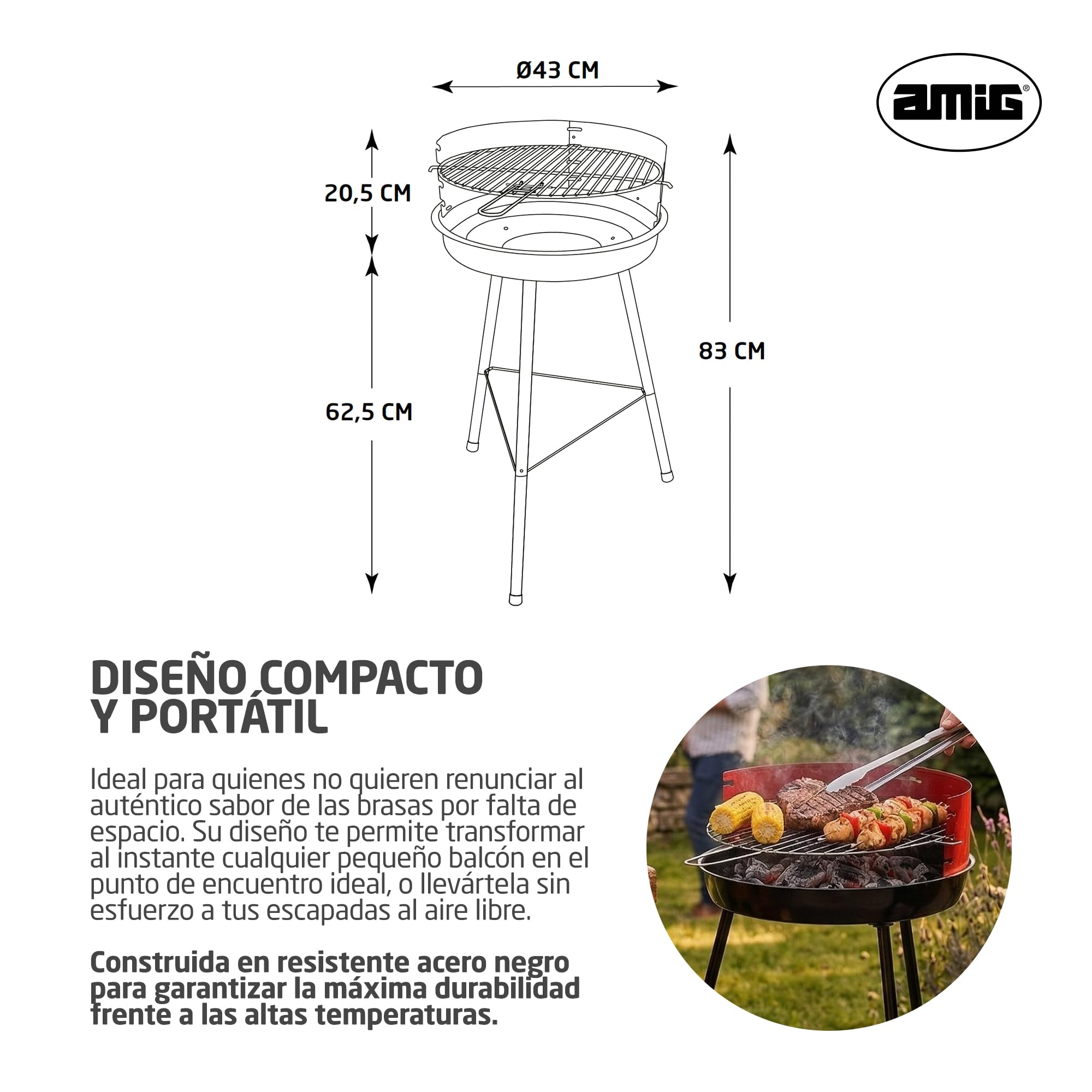 Amig - Barbacoa de carbón - 57 x 54 x 84 cm - Negro - Fabricado en Acero - Jardín y patio - para terraza y balcón con tamaño ajustado a espacios pequeños uso práctico y mantenimiento fácil. Mod. FENIX