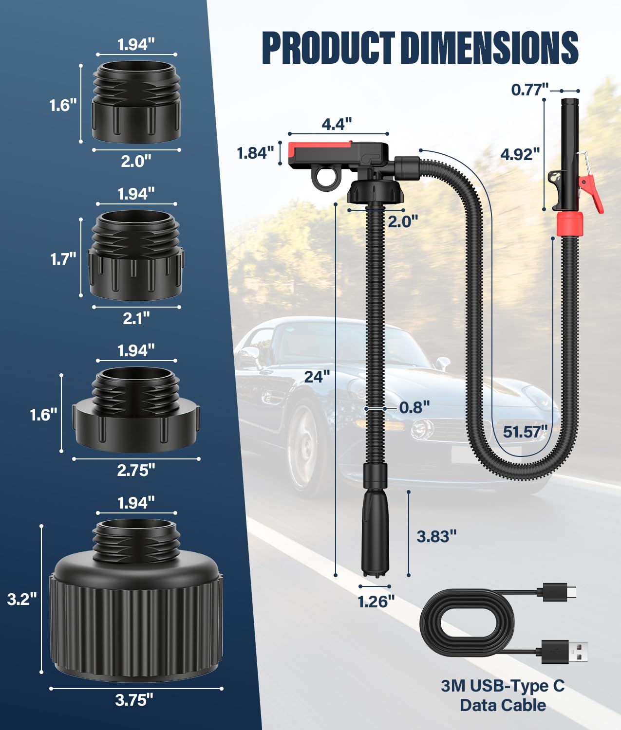 WADEO Pompe de Transfert, Arrêt Auto 15L/min, avec Câble USB de 3m, Tuyau 1.3m + 4 Adaptateurs, Pompe Portable pour Essence/Diesel/Huile/Eau pour Voiture, Tracteur, Motocyclette, Bateau
