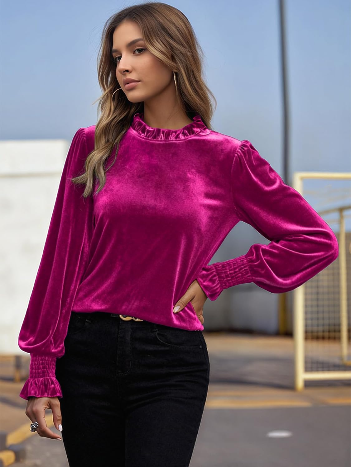 Long Sleeve Velvet Tops for Women, Frill Mock Neck Casual Loose Fit Fall Winter Velour Blouses - Image 4