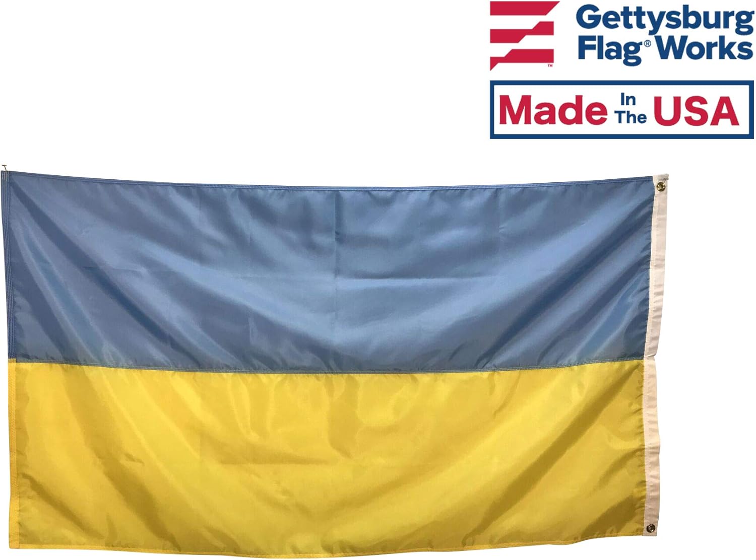 2x3' Ukraine Flag, Sewn Stripes of Durable and Fade Resistant All Weather Nylon, With Canvas Header and Brass Grommets, 4 Rows of Fly End Stitching, Made in USA