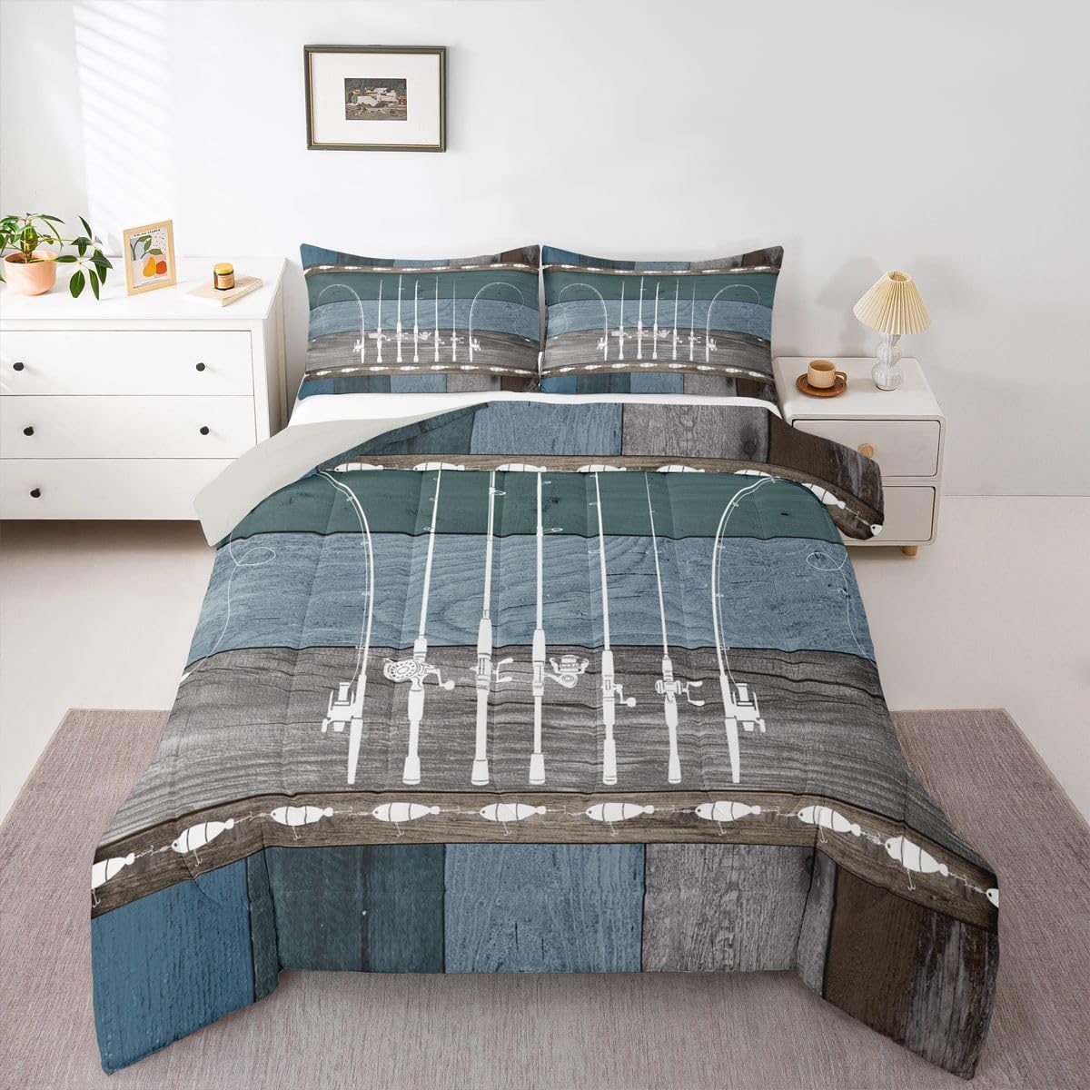 Erosebridal Fishing Quilt Fishing Pole Queen Comforter Set Fishing Gifts for Men,Vintage Patchwork Wood Bedding Comforter Sets Go Fish Duvet Insert,Angle Hook Accessories Rustic Home Decor,Grey Blue image 5