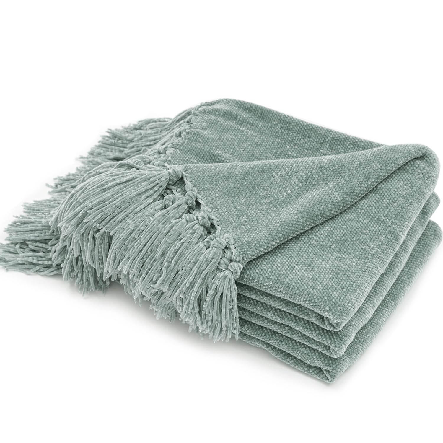 RECYCO Manta de Chenilla con Borla 127 X 152cm, Mantón de Cama, Manta con Flecos Suave y Acogedora, para Sofá, Silla, Cama, Colcha Mullida con Oeko-Tex, Color Verde Claro