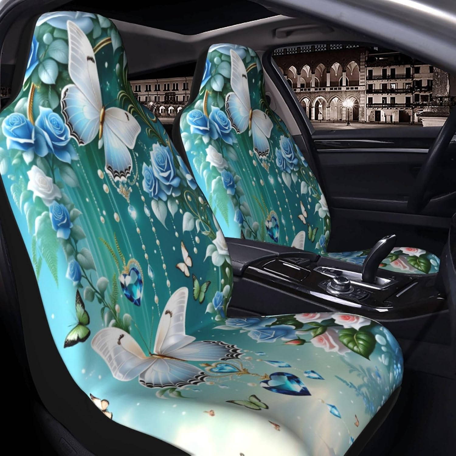 Fantasy Blue Flowers Butterfly Car Seat Covers Universal Auto Seat Cushion Protector Automotive Interior Decoration for Cars SUV Truck Sedan