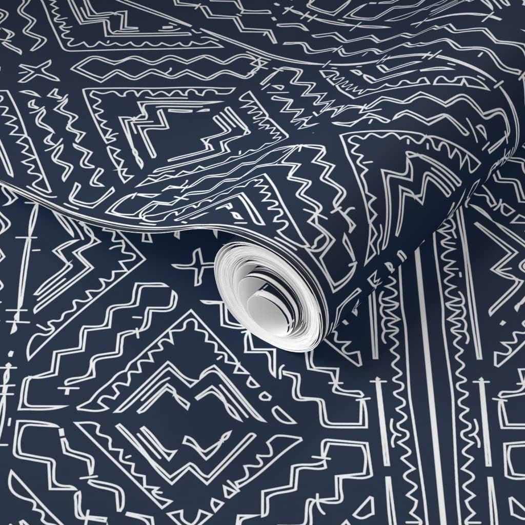 Removable Wallpaper Swatch - African Mud Cloth Mudcloth Tribal White Blue Indigo Navy Custom Pre-Pasted Wallpaper by Spoonflower