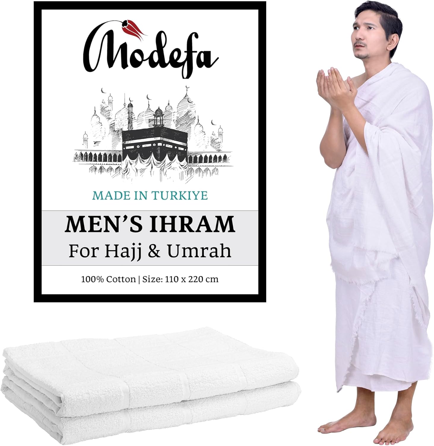 Modefa Ihram for Umrah Men Towel Set - Comfortable Unsewn Ahram Hajj Essentials for Men Umrah Essentials Ehram - 110 x 220cm per towel 2 Towels Turkish 100% Cotton 1500 grams (Ihram Only)