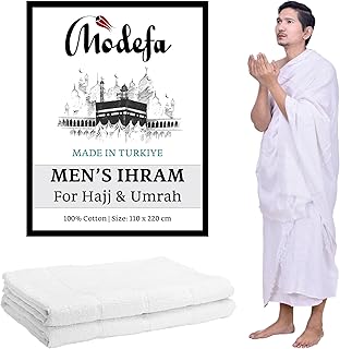 Modefa Ihram for Umrah Men Towel Set - Comfortable Unsewn Ahram Hajj Essentials for Men Umrah Essentials Ehram - 110 x 220cm per towel 2 Towels Turkish 100% Cotton 1500 grams (Ihram Only)