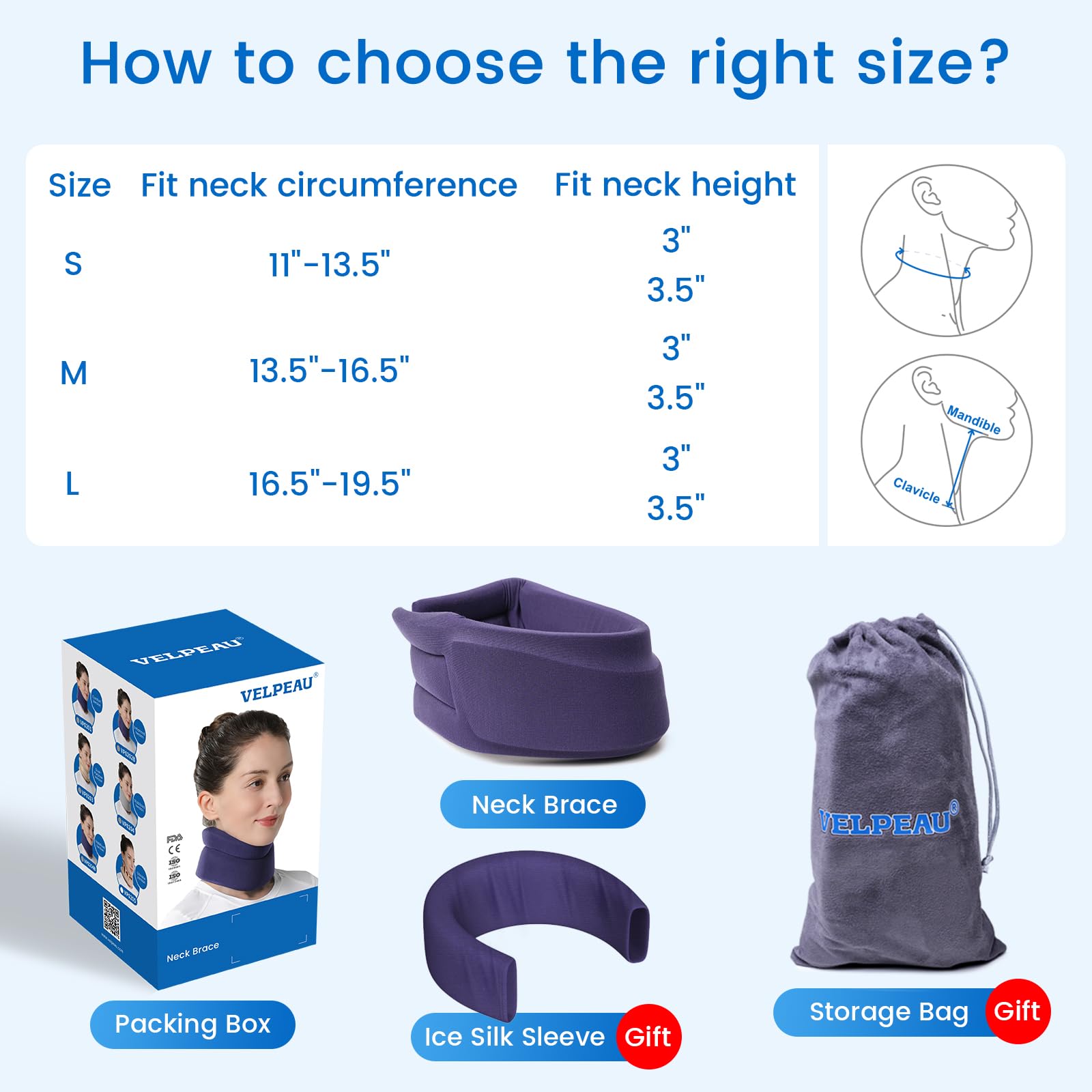 Velpeau Cervical Collar Neck Brace for Neck Pain and Strong Support, Blue L — Amazon image 6