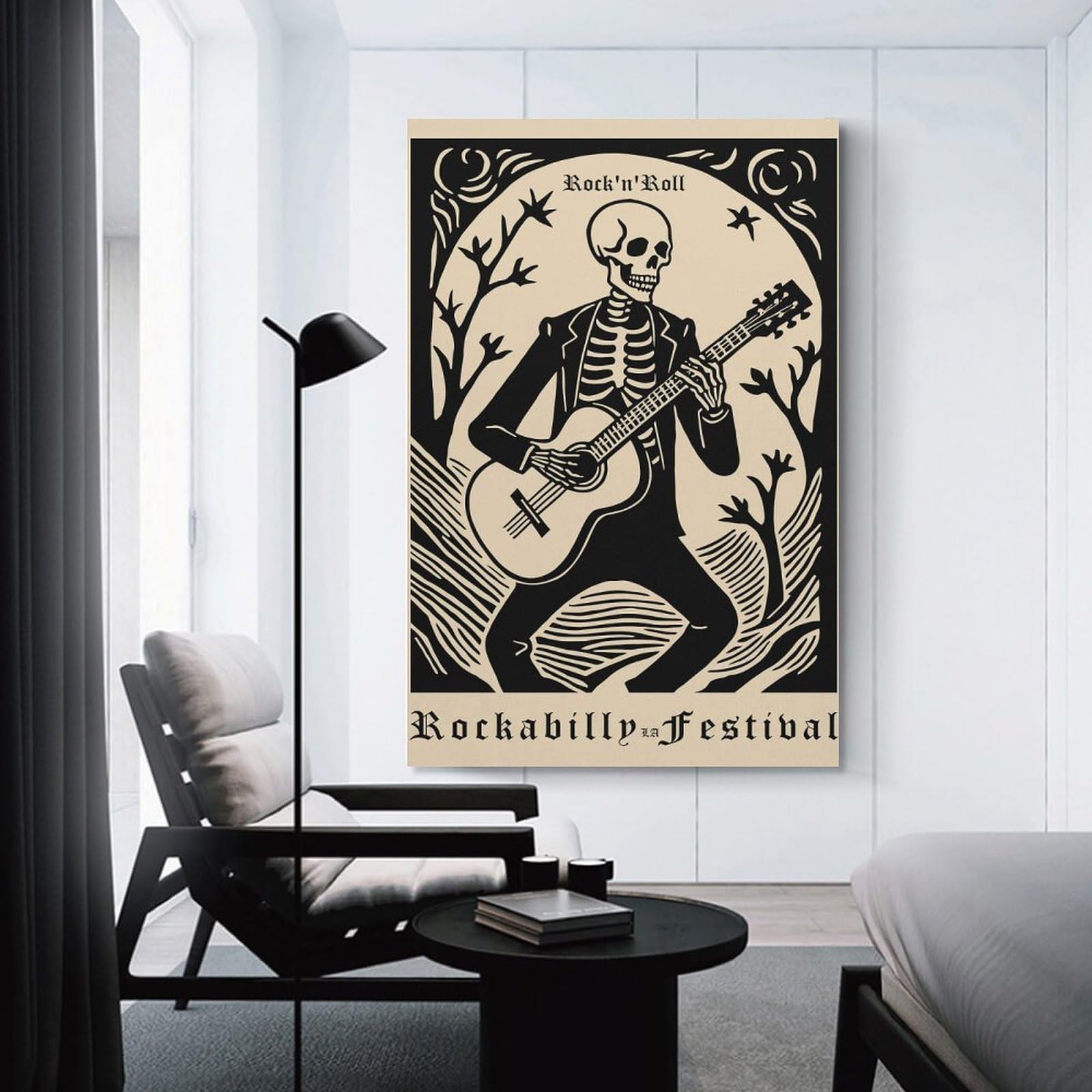 Junmoney Canvas Wall Picture RocknRoll Rockabilly Festival Skeleton Guitarist, 08x12inch(20x30cm), for Front Hall, Corridor Or Welcome Spaces, Decorative Wall Art for Narrow Spaces
