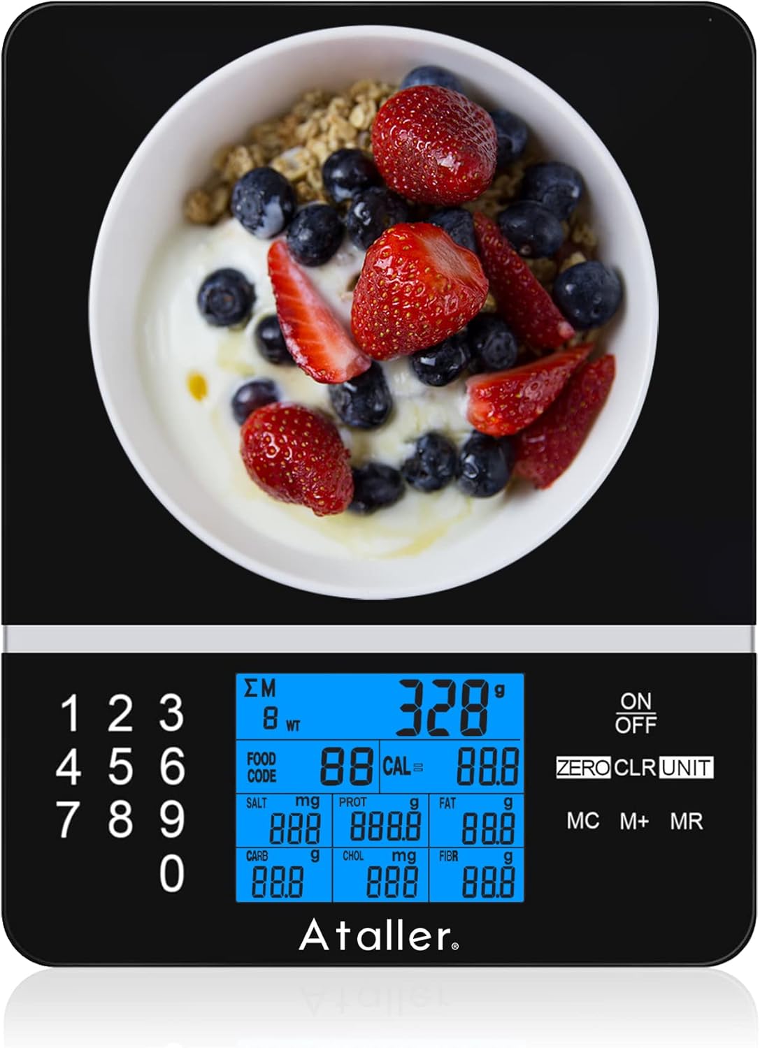 Ataller Kitchen Diet Scale, Digital Food Nutrition Scale with Nutrition Facts Display, Accurate Weight and Nutrient Calculator, Tempered Glass, Black, Max 5kg 11Ib, Graduation 1g