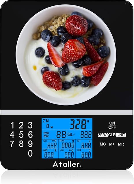 Ataller Diet Kitchen Scale, Digital Food Nutrition Scale with Nutrition Facts Display, Accurate Weight and Nutrient Calculator, Tempered Glass, Black, Max 5kg 11Ib (Diet Kitchen Scale)