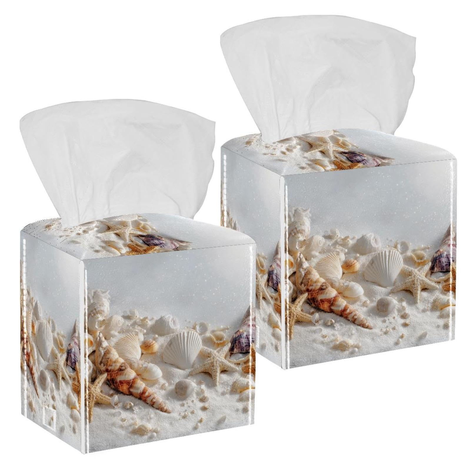 Beach Shells Tissue Box Cover, 2 Pack PU Leather Square Facial Tissue Dispenser Box holder for Home Office Car