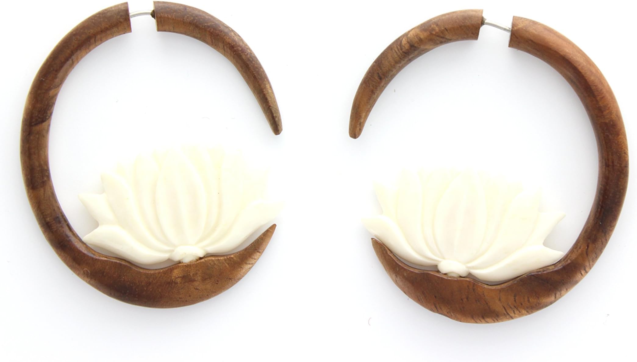 Koa Wood Lotus flower Fake Gauges Earrings Tribal Style Hand Carved Hawaiian Koa Wood Earrings