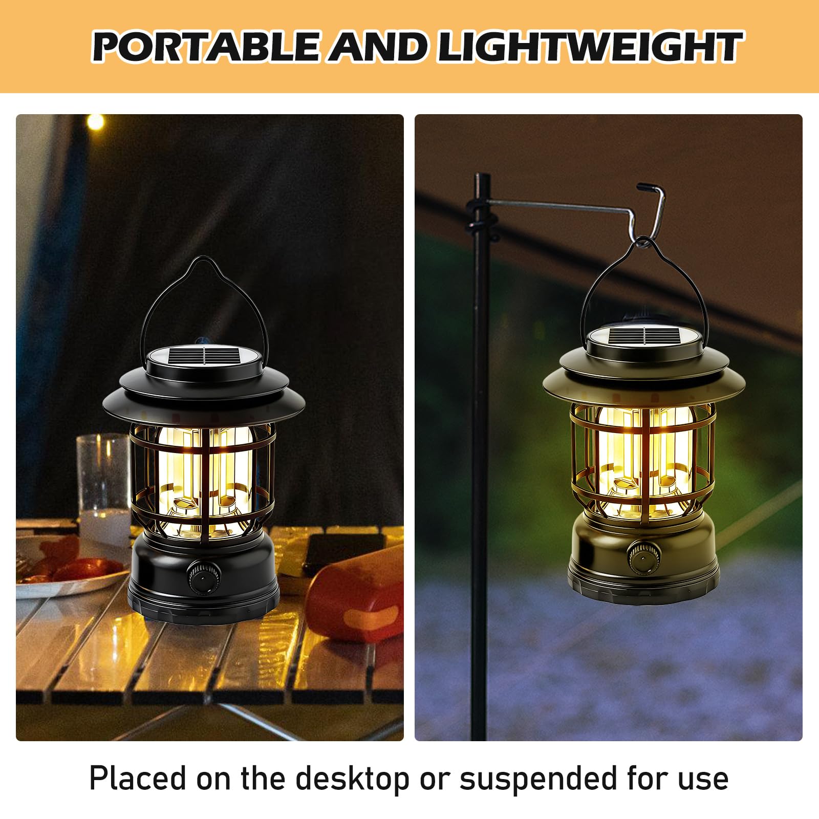 2 lampade da campeggio a LED, a energia solare, dimmerabili, USB, ricaricabili, retrò, da campeggio, IPX4, impermeabili, portatili, per pesca, emergenze, tenda all'aperto (nero)