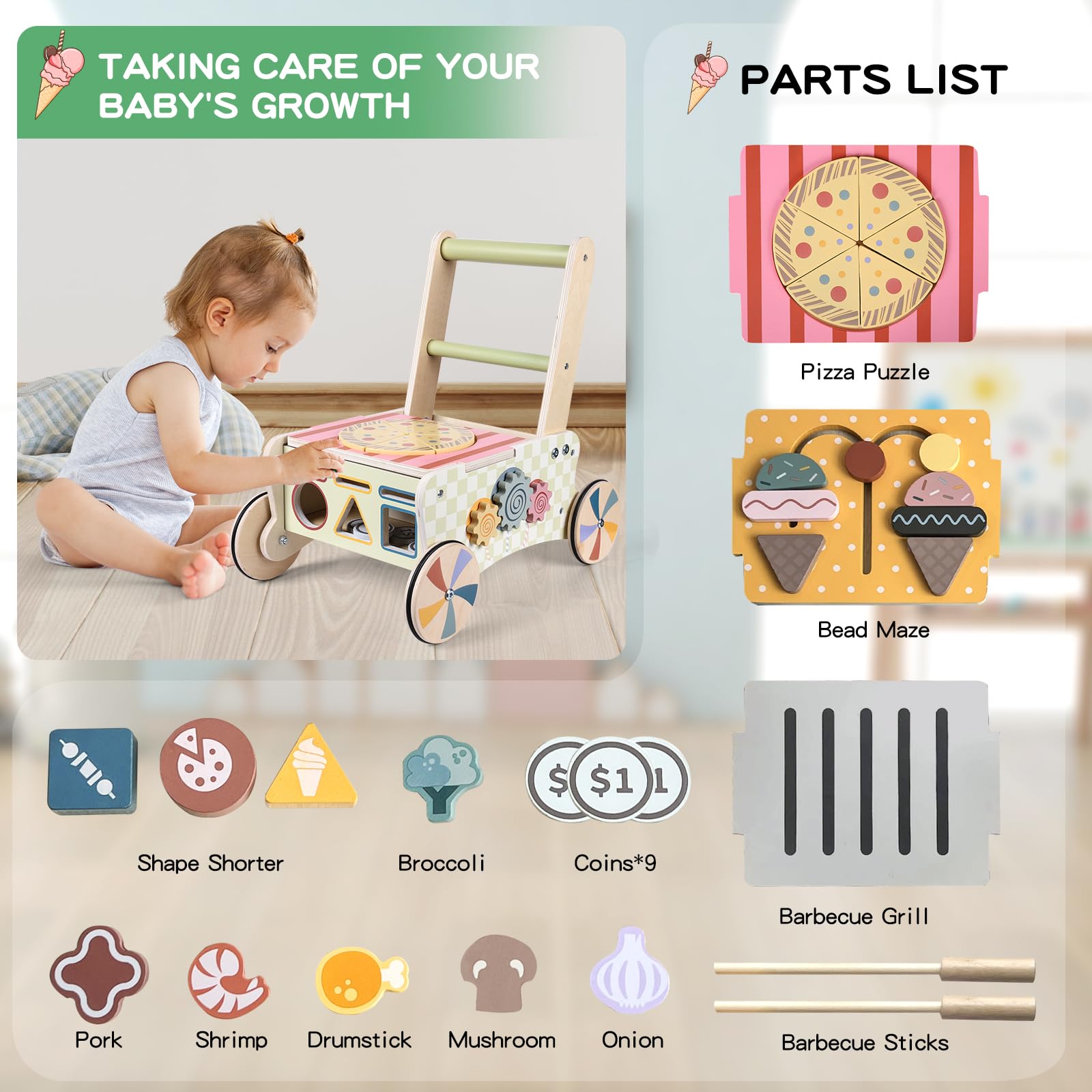 AmazingJoy Wooden Push Walker for Babies with Wheels 12 Months+ Wooden Baby Walker Activity Walker for Babies Montessori Multiple Learning Activities Center Walking Toy Adjustable Speed Birthday Gift