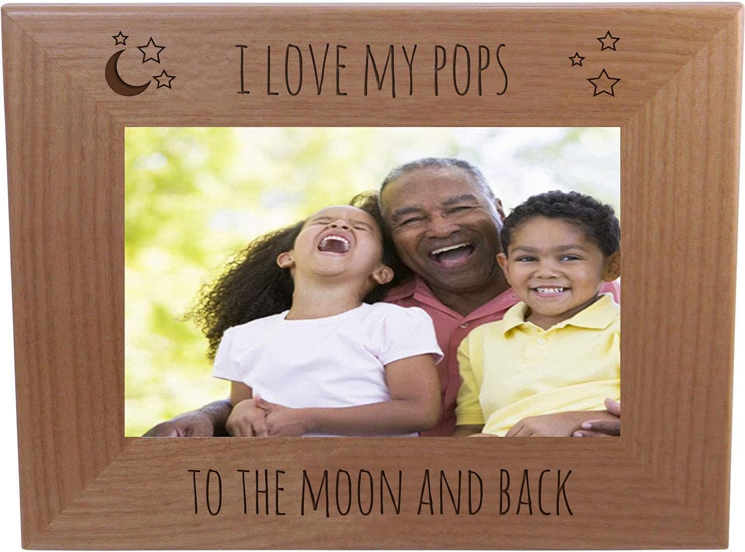 CustomGiftsNow I Love My Pops to The Moon and Back - Engraved Natural Alder Wood Hanging/Tabletop Picture Memory Family Memorial Photo Real Wooden Frame