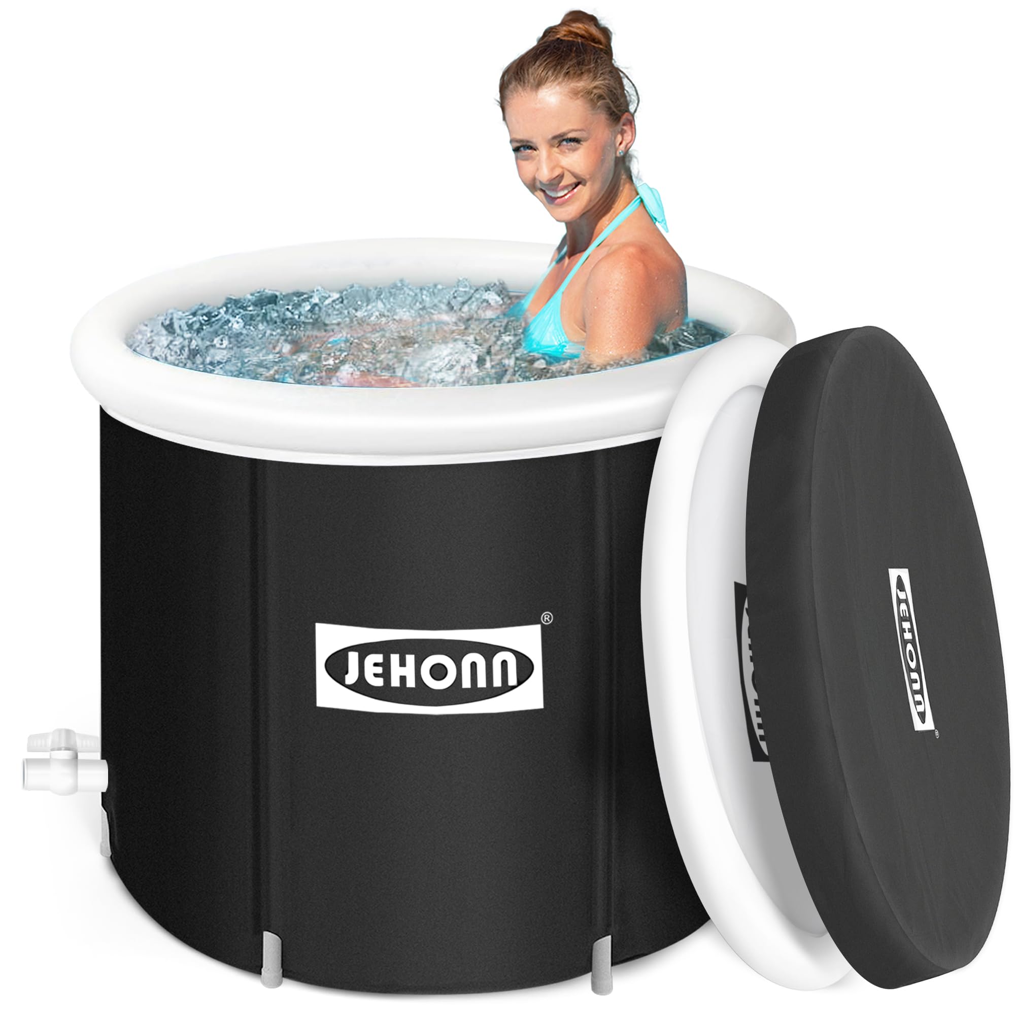 JEHONN XL Large Cold Plunge Tub for Ice Bath, 34 inches 112 Gallons Ice Water Pod at Home, Portable Ice Barrel Pool with Cover and Inflatable Lid for Athletes Family Training Therapy, Black, IBT-01