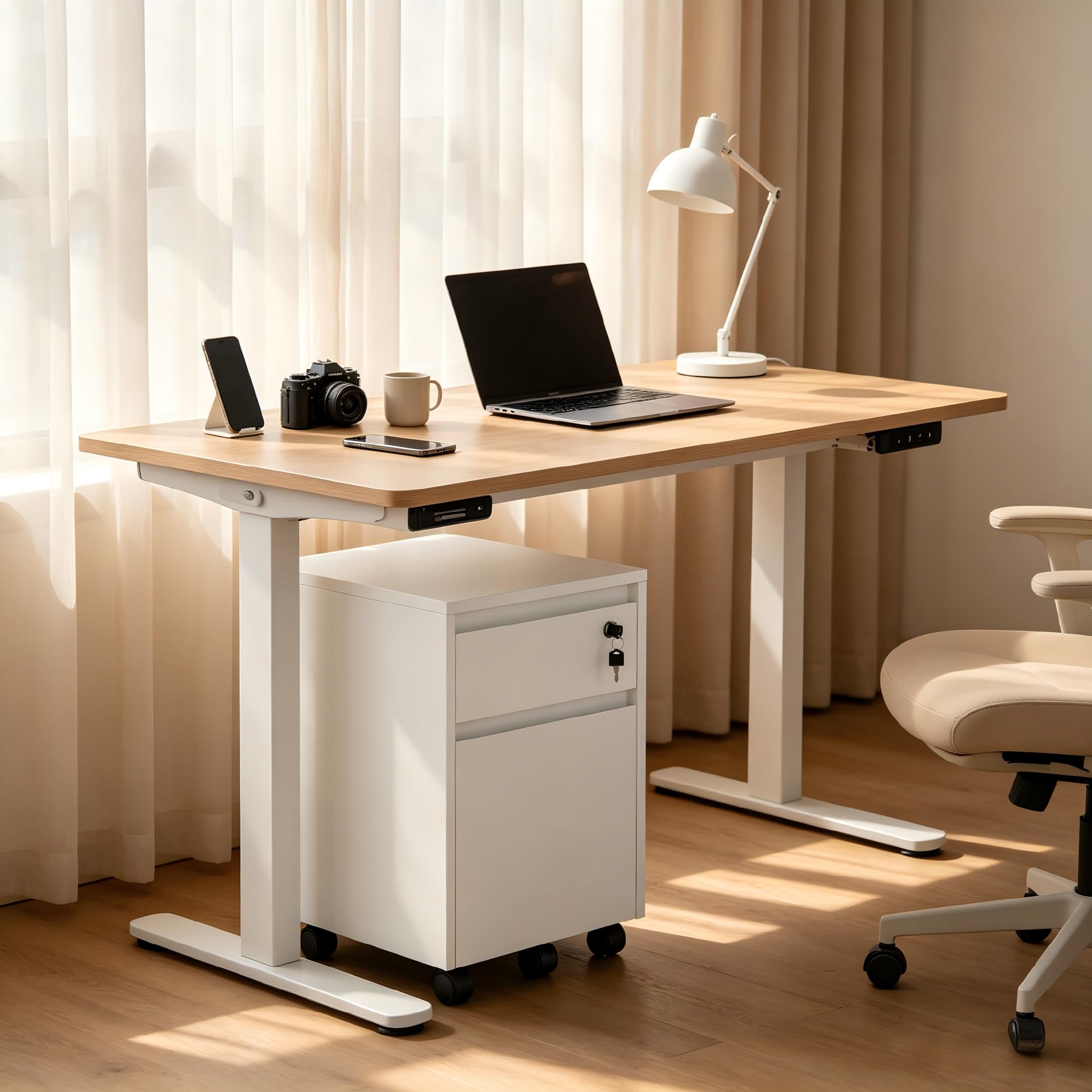 YOUDENOVA Schedario da Ufficio con 2 Cassetti e Serratura, Cassettiera Sotto Scrivania con 5 Ruote, Armadietto per Documenti A4 e Cartelle Sospese, 40x40x57 CM, Bianco