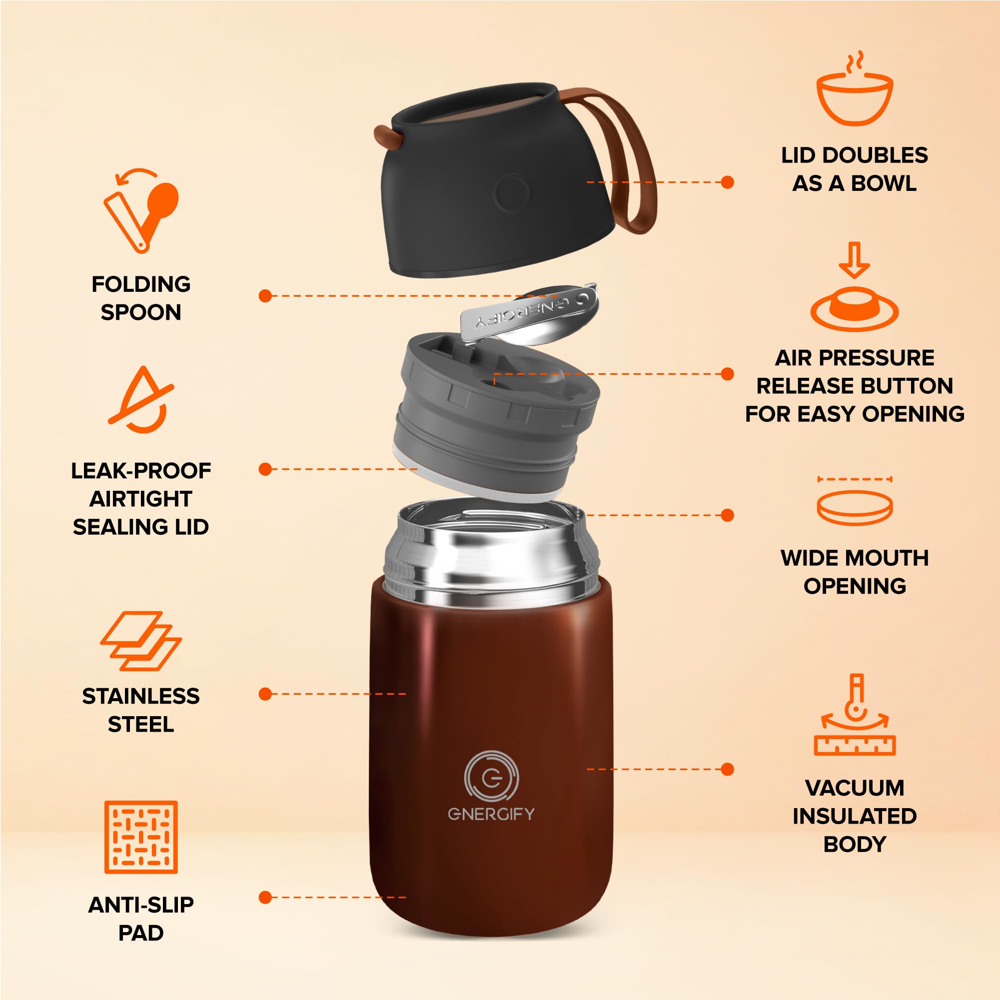 ENERGIFY Izolowany próżniowo słoik na żywność, szeroki otwór, 680 ml, termos na zupę ze składaną łyżeczką, termiczne pojemniki na lunch dla dzieci i dorosłych, szczelny termos ze stali nierdzewnej do