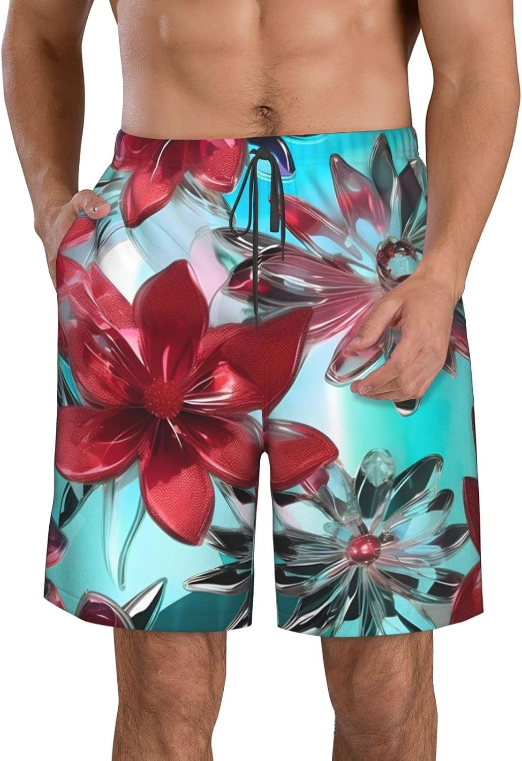 Flower Stained Glass Print Men's Quick-Drying Shorts Casual Beach Pants Stretch Waist Shorts and Pockets