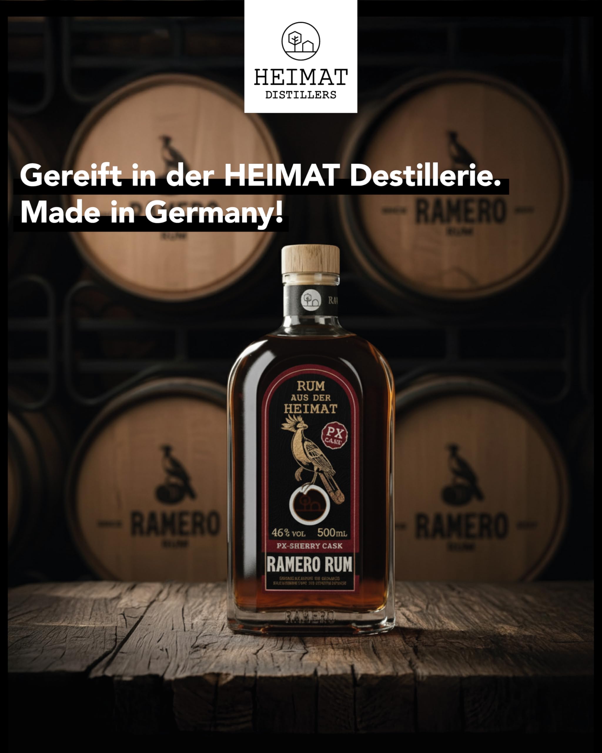 RAMERO PX Sherry Cask Rum 46% vol – Premium Rum aus Deutschland | weich & komplex mit Noten von Rosinen, Karamell & Schokolade | gereift in Pedro Ximénez Sherryfässern | 500 ml