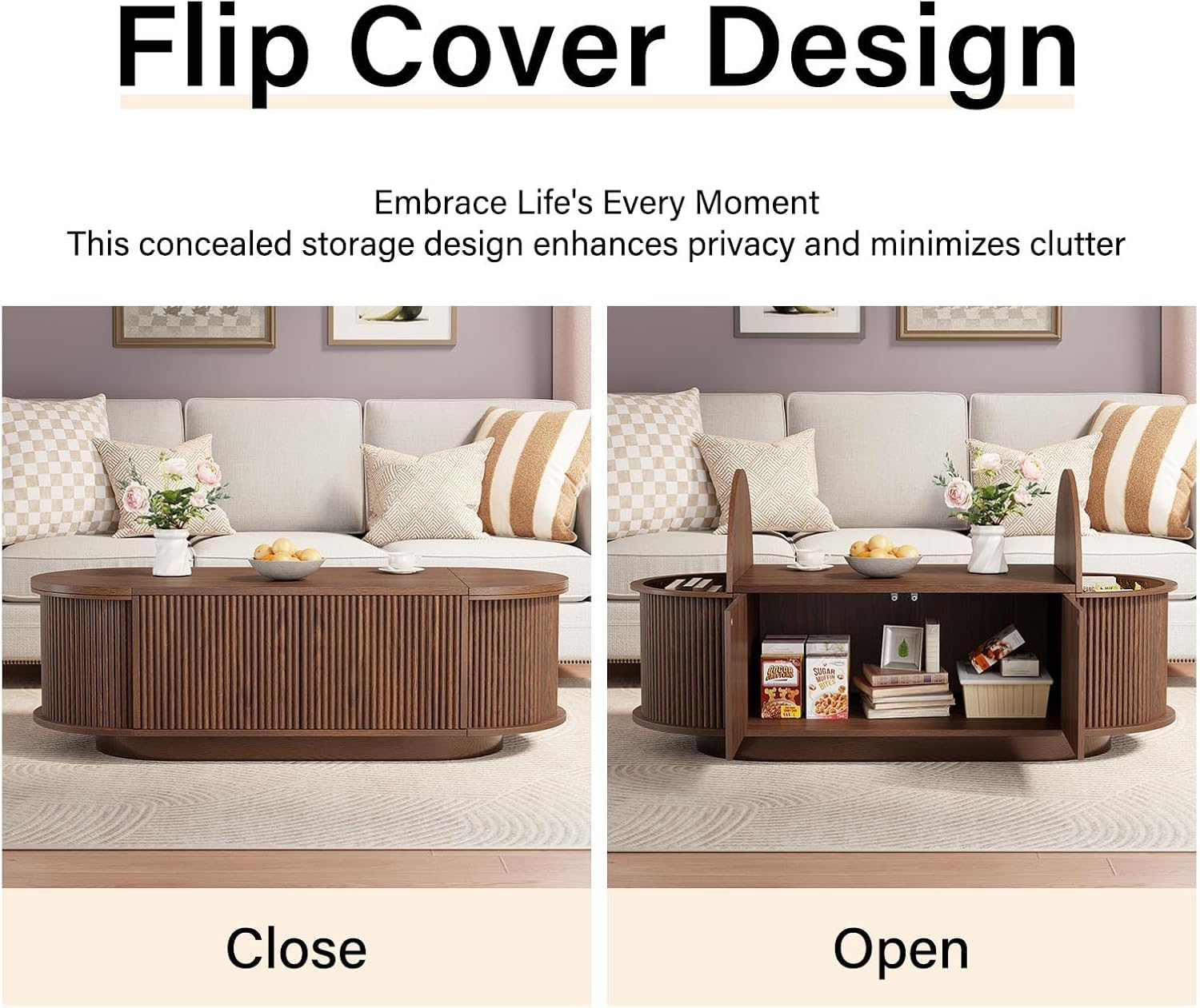HSH Oval Coffee Table with Storage, 47” Modern Coffee Table with Press Type Door, Fluted Living Room Tables with 2 Flip-Top Hidden Lids, Wood Center Table for Living Room, Office, Walnut