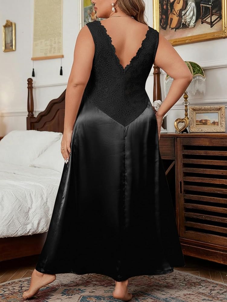 WDIRARA Women's Plus Size Satin Nightgown Double V Neck Lace Backless Long  Lingerie Nightdress Black Large Plus at Amazon Women's Clothing store