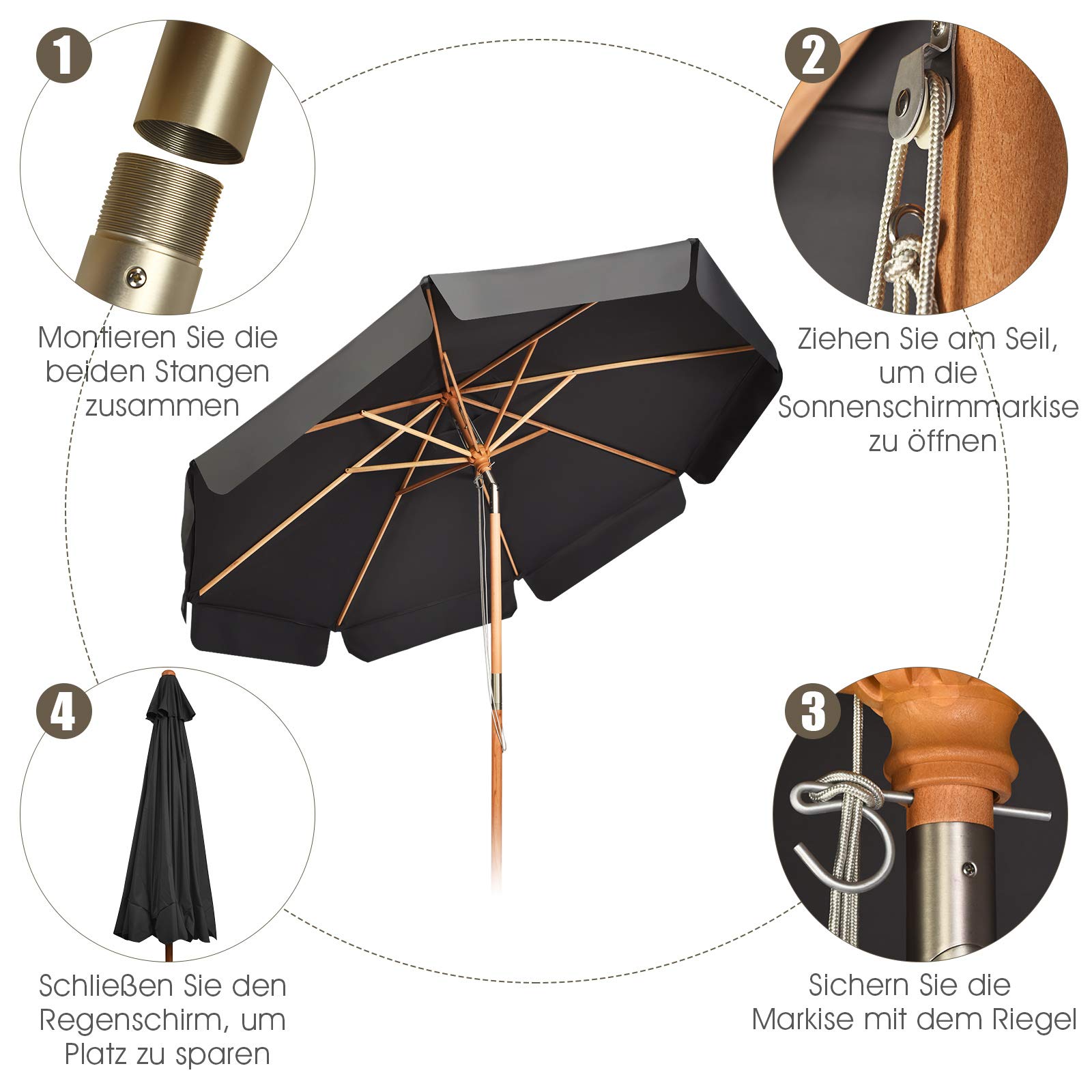 GOPLUS Drewniany parasol przeciwsłoneczny, 300 cm, składany z obu stron o 30°, UV 50+, parasol tarasowy, parasol na balkon, do ogrodu, na balkon, podwórko, szary, Groß