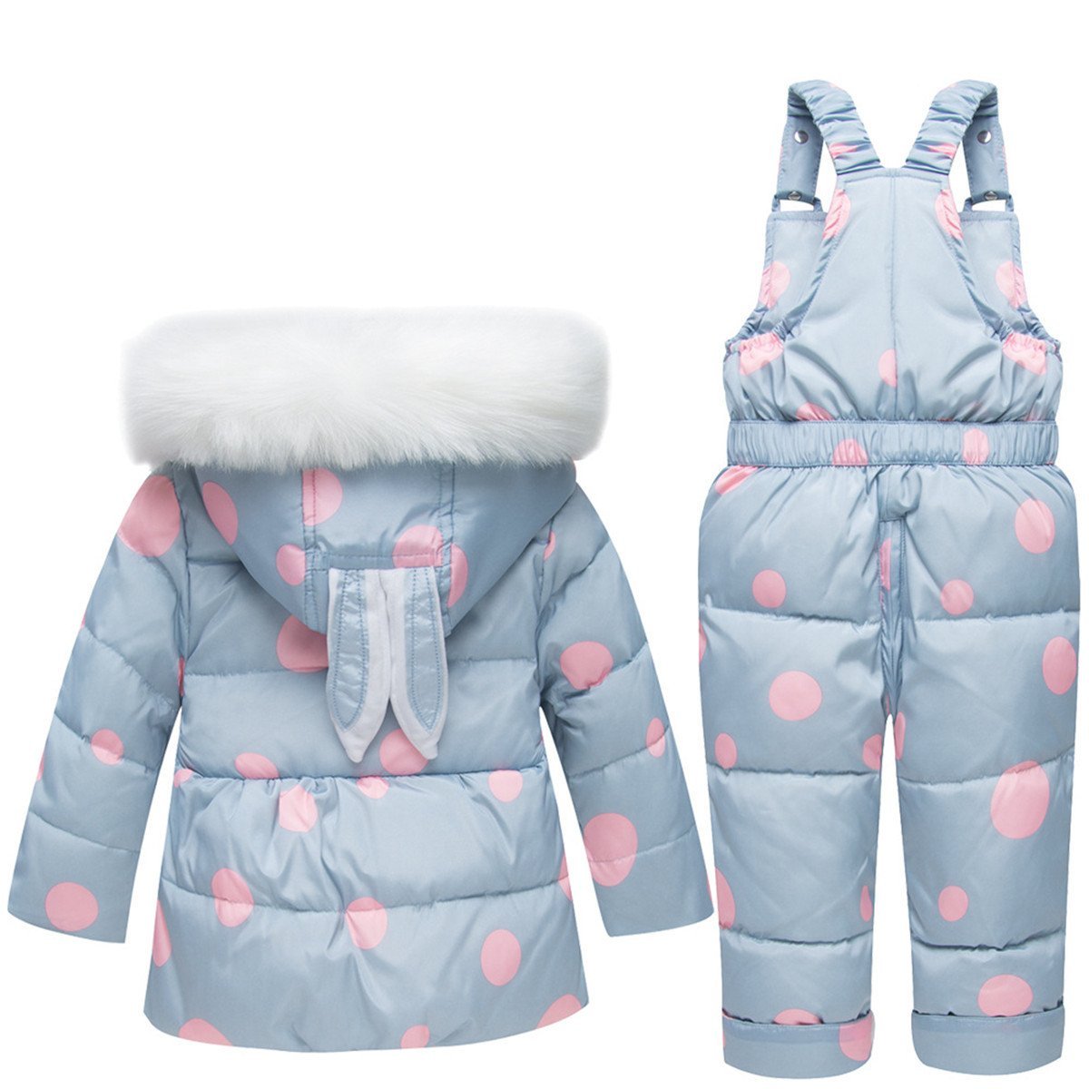 JELEUON Baby Girls Two Piece Polka Dots Puffer Down Hooded Ears Fur Trim Snowsuit Jacket with Snow Ski Bib Pants 3-4 Years