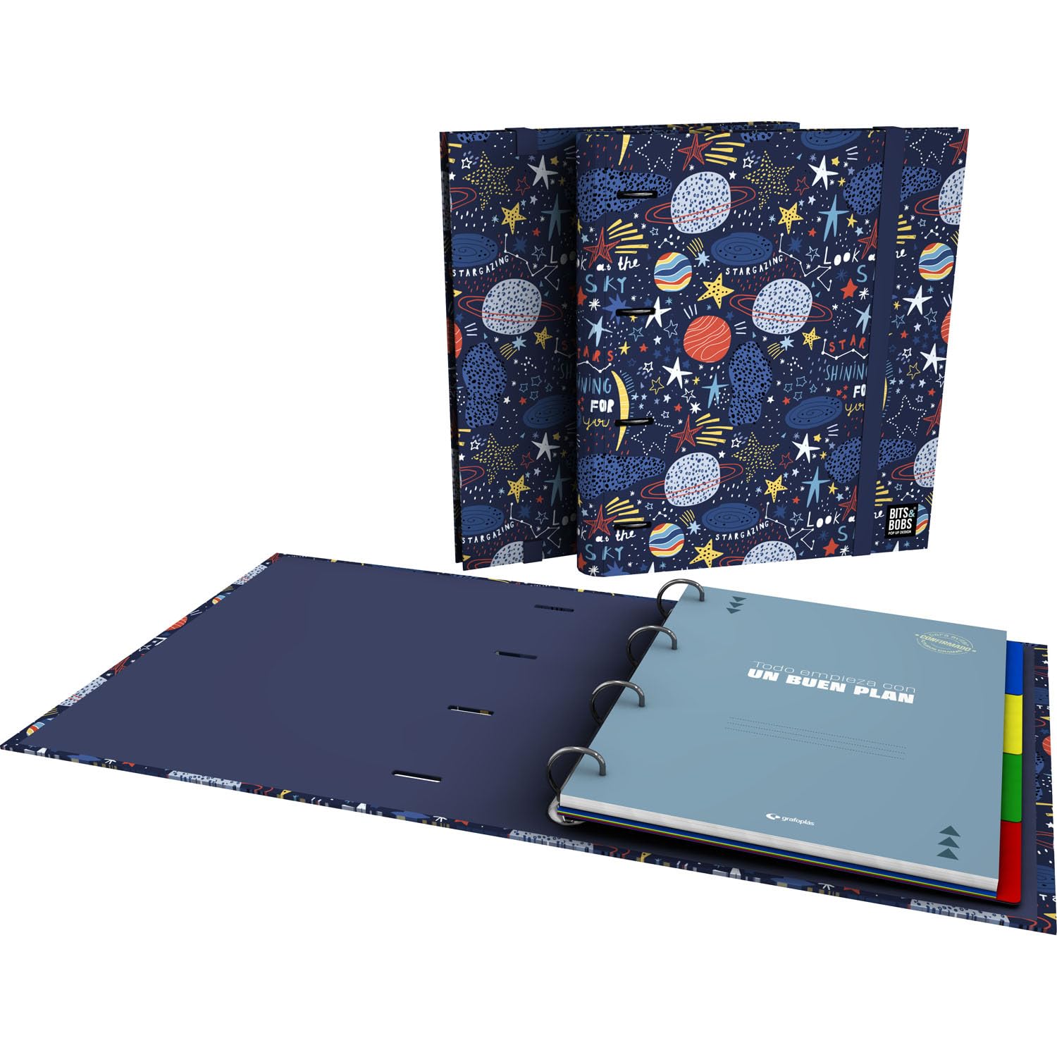 Grafoplas - Carpesano A4 Rings, Carpebook Bits&Bobs Planets, Includes Refill + Dividers + Planner + Stickers + Transparent Envelope, Perfect for Schoolchildren