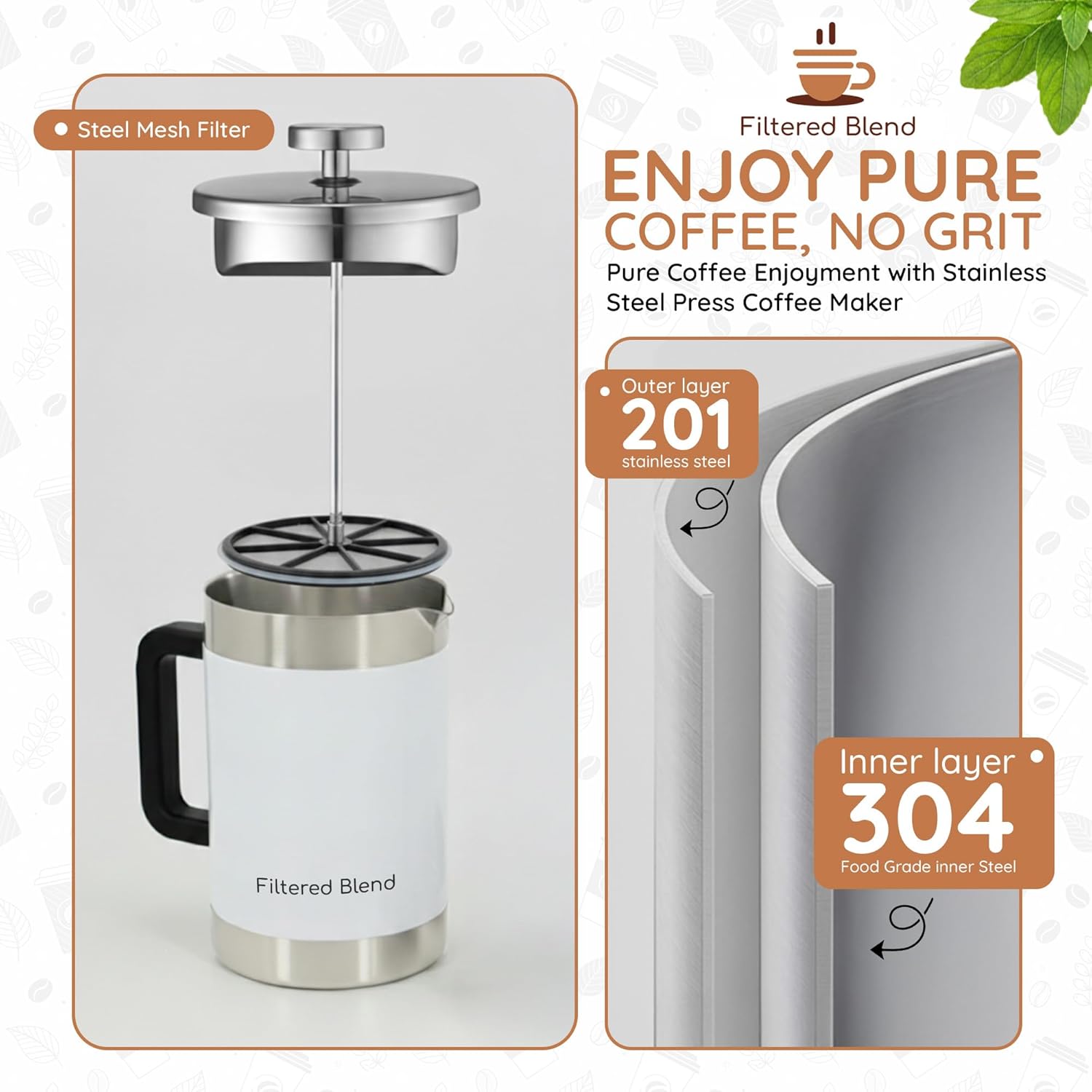 1.6L French Press Coffee Maker, 54oz Large Capacity French Press Stainless Steel Brewer with Double Filter Mesh for Kitchen Travel Camping, Hot & Cold Brew Coffee Maker Gifts (White)