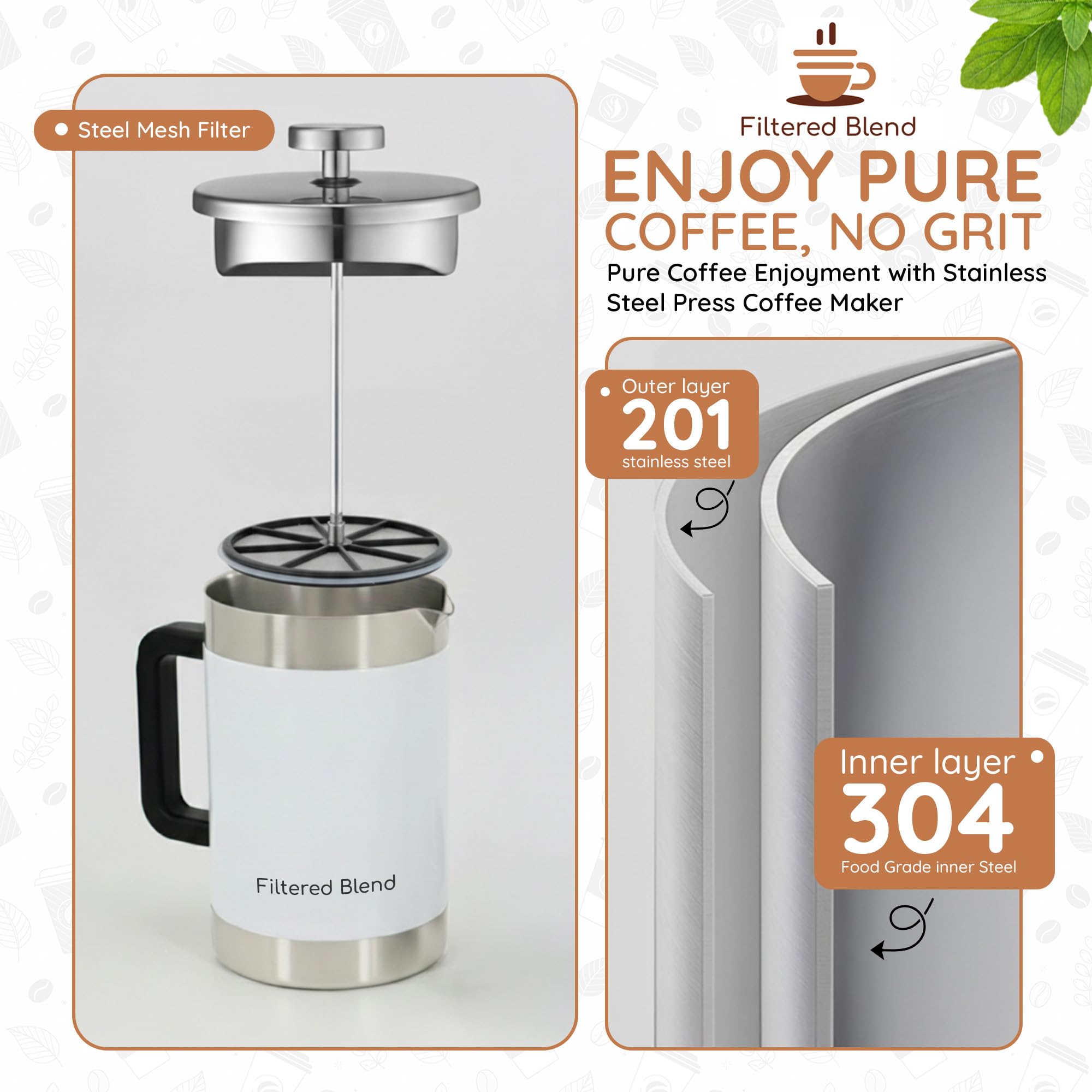 Filtered Blend 1.6L French Press Coffee Maker (White) thumbnail 3