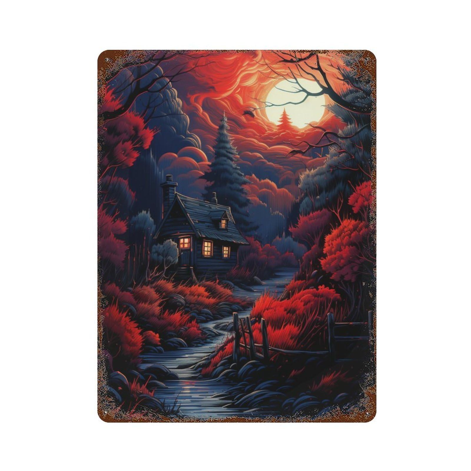 Haunting Moonlit Cabin Scene Rust Effect Tin Sign 15.7"x11.8", Rustic Home Decor for Garage, Bar And Workshop Decor