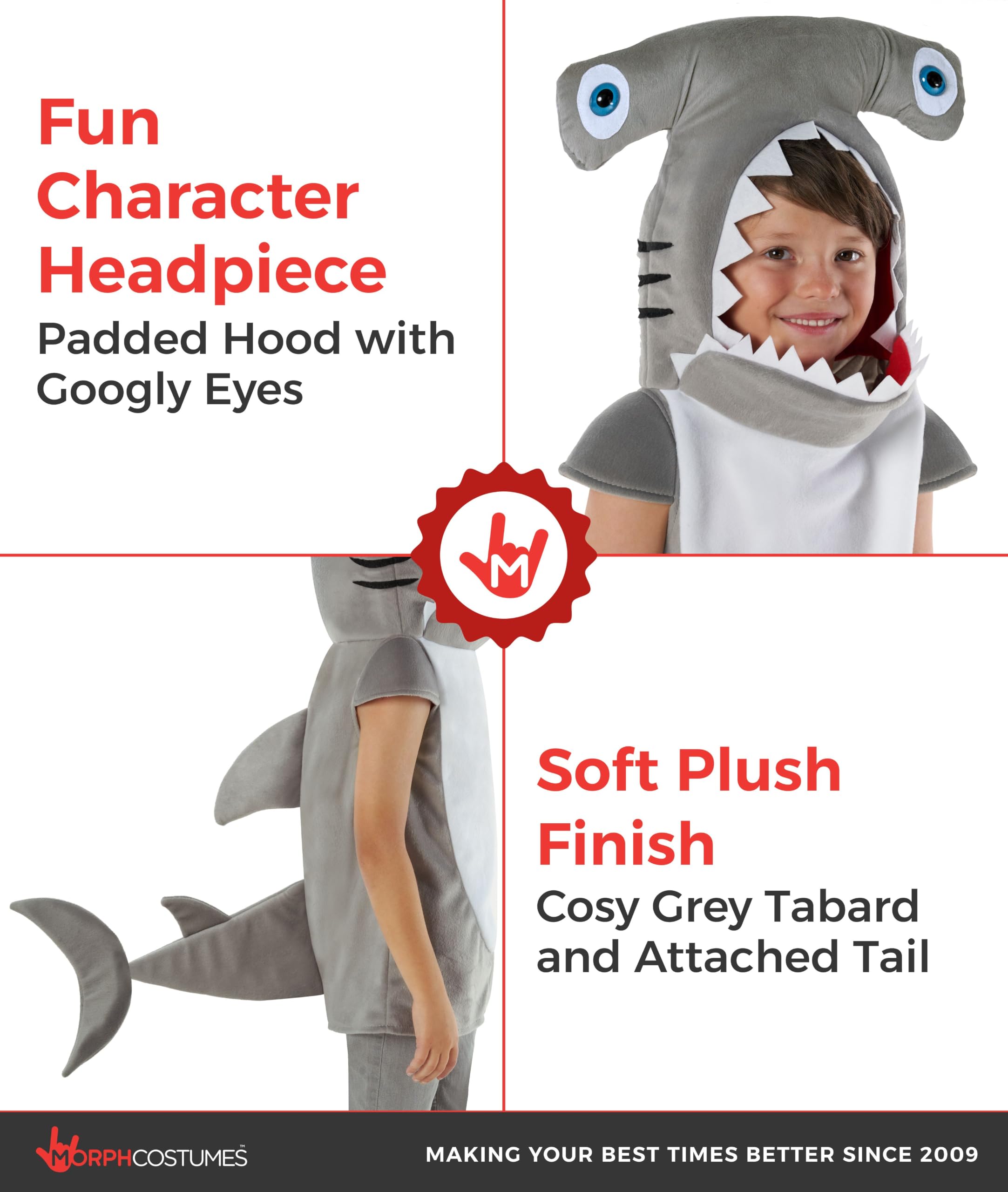 Morph Costume Squalo Martello Bambino, Halloween Bambino | Tunica in Peluche con Testa di Squalo & Coda, Design Squalo Martello, Perfetto per Halloween, Ideale per il Gioco di Ruolo
