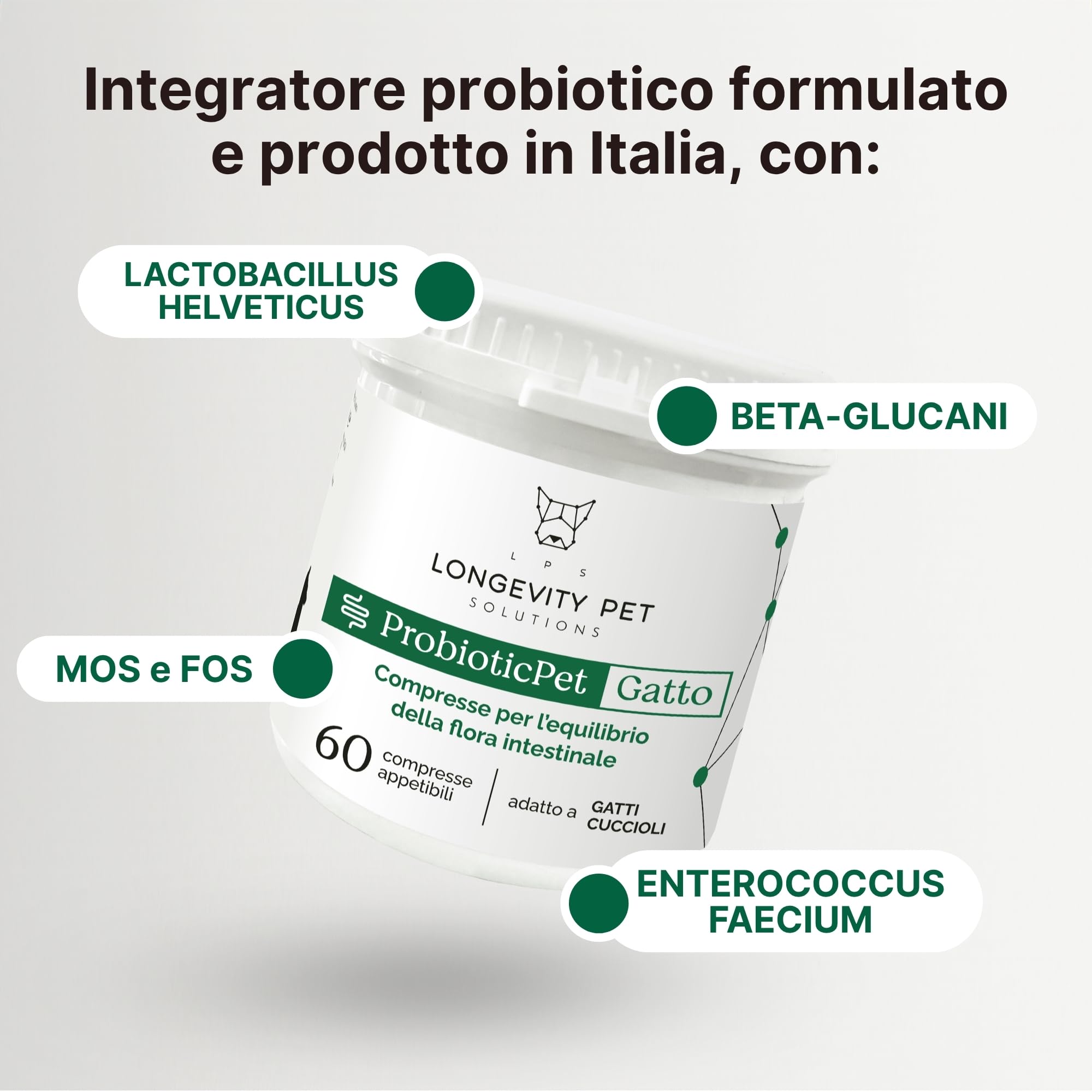 Fermentos Lácticos ProbioticPet Gato 60 CPR | Probióticos para el Equilibrio Intestinal | Suplementos para Gatos para Digestión, Heces Poco Formadas, Salud Intestinal | Longevity Pet