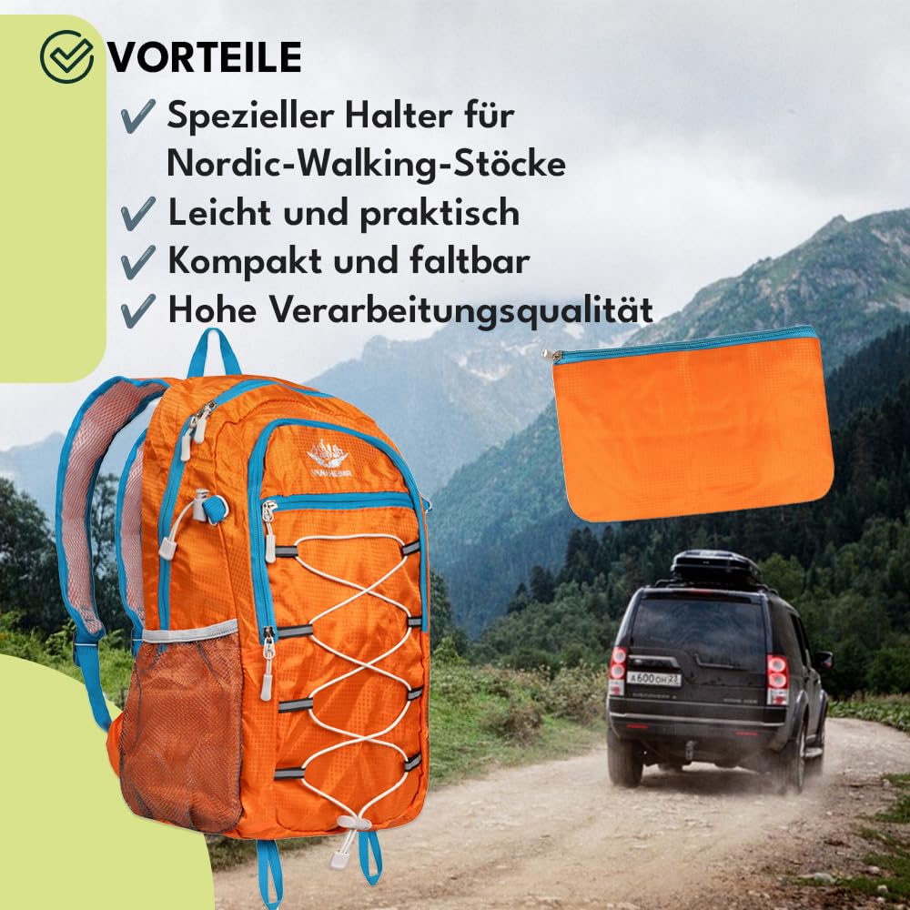 KRUMAD Zaino da escursionismo leggero, pieghevole, 25 l, unisex, impermeabile, da viaggio, campeggio, outdoor, trekking, con tasca, zaino sportivo pieghevole con supporto per Nordic Walking