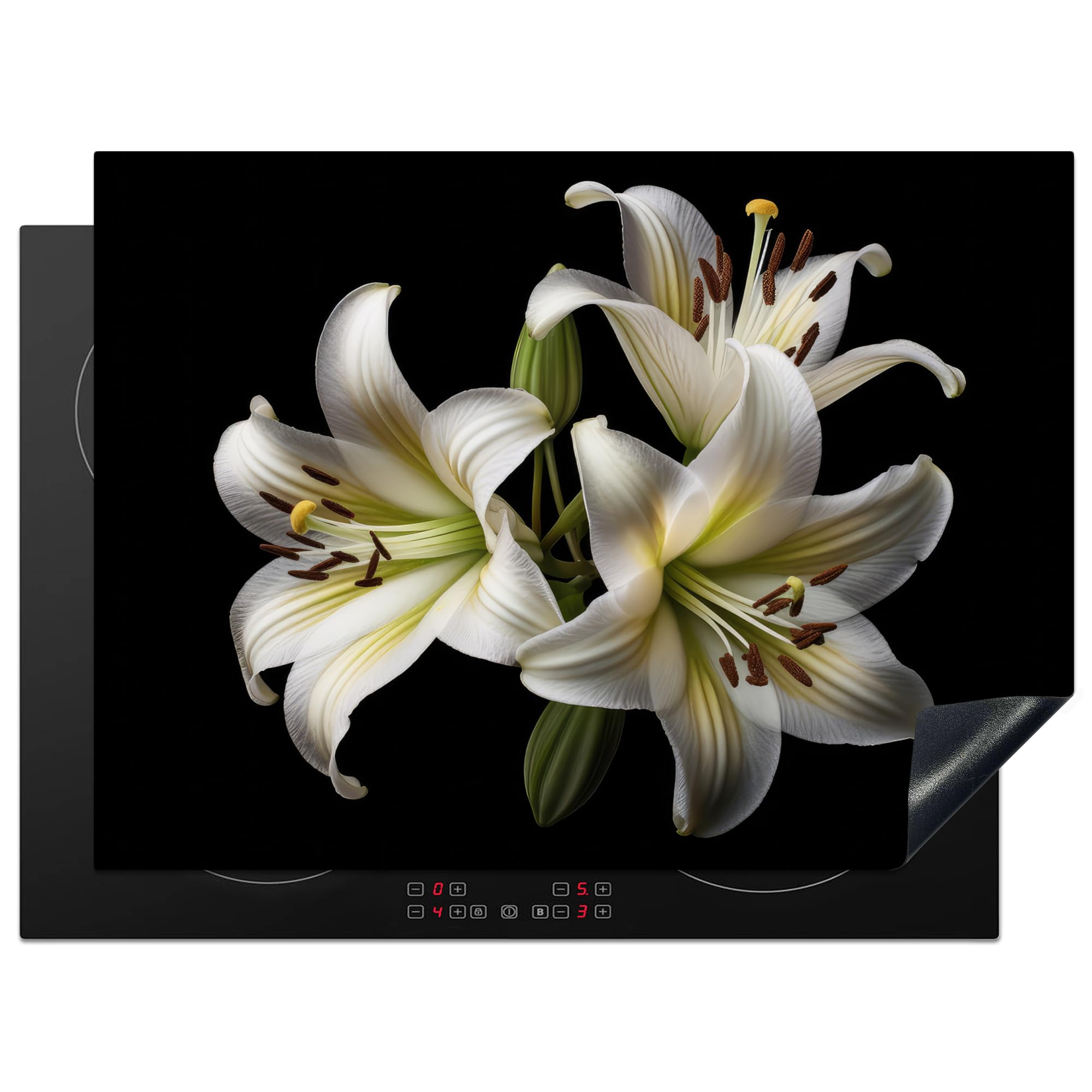 KitchenYeah© Induction Hob Protector Mat 20.5"x28" / 71x52 cm Stove Cap Top Cover Kitchen Cooker Covers for Electric Hobs Vinyl Lily - Flowers - White - Nature - Botanical — image 1