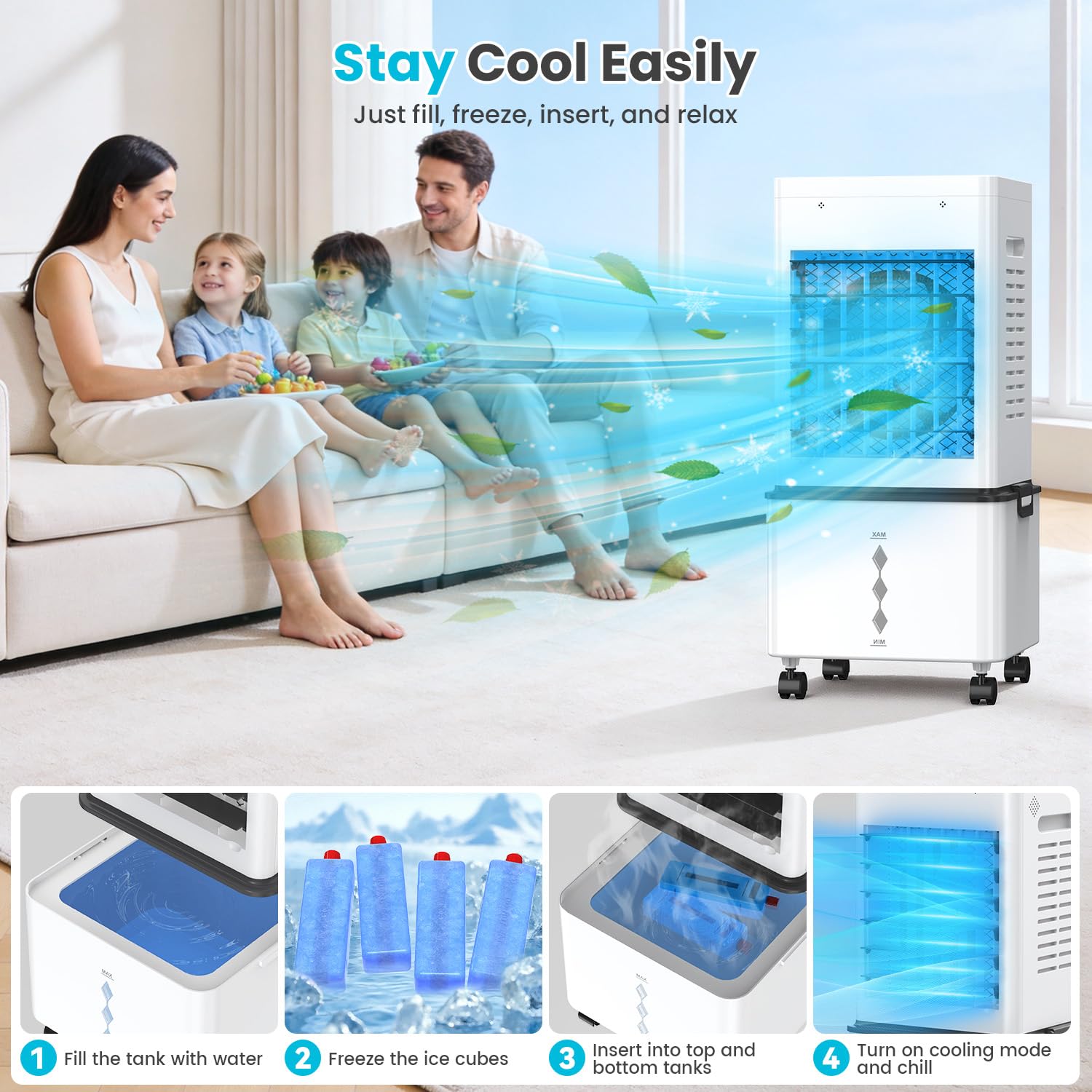Climatiseur Mobile Sans Évacuation 12L, Rafraîchisseur d'Air Portable 3-en-1 avec 6 Vitesses, Climatiseur Mobile Silencieux avec Télécommande, Minuterie 24H, Refroidisseur d'Air 45W Économe en Énergie