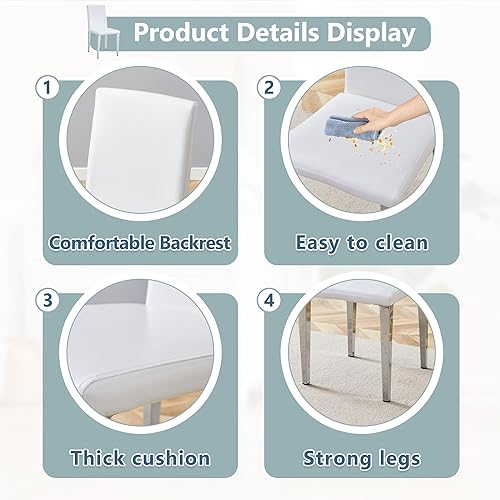 Miniatura 4 de Juego de 4 sillas de comedor blancas, piel sintética con patas de metal cromadas, juego de 4 sillas de cocina sin brazos, carga máxima de 300