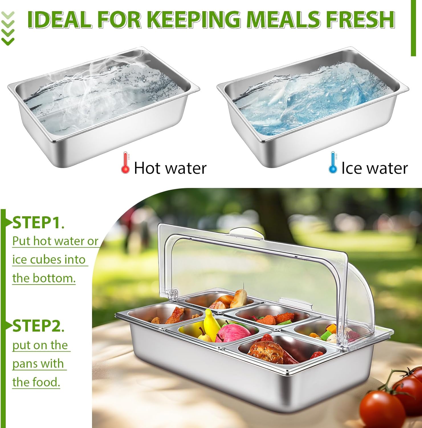 6 Pan Countertop Ice Food Serving Display Container with Clear Roll Top Cover, Stainless Steel Serving Tray Buffet Condiment Dispenser for Restaurant Hotel Kitchen Party