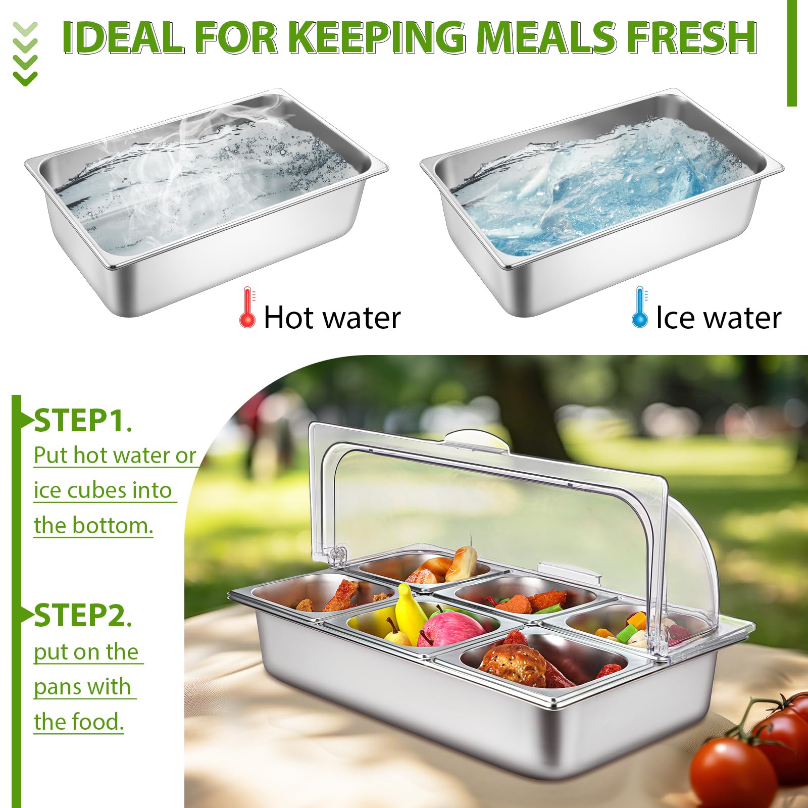 Expositor de acero inoxidable para servir buffet de 6 sartenes con cubierta superior enrollable transparente de 21 x 13 x 11 pulgadas, dispensador de condimentos y estante de alimentos refrigerado por
