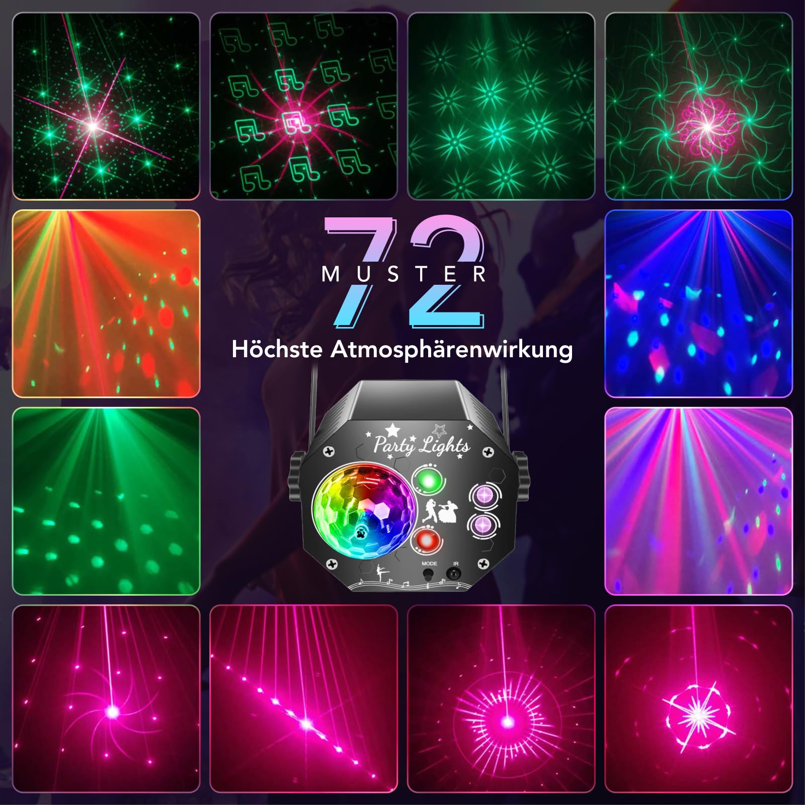 Tomshine Mini 3-in-1 UV Schwarzlicht Partylicht, Musikgesteuert Discolicht mit 72 Mustern & Rotierender RGB Magic Ball, Stroboskop Disco Lichteffekt mit Fernbedienung für Party, Bar, DJ