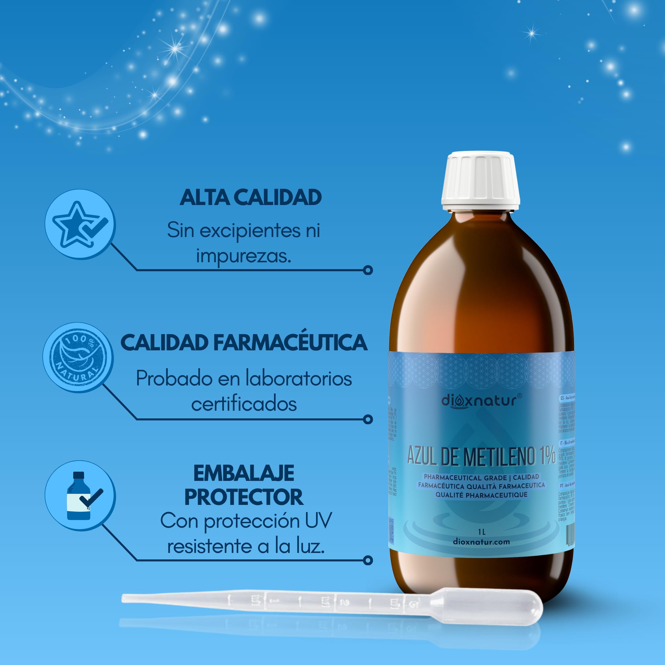 Azul de Metileno Solución 1% USP Calidad Farmacéutica 1 litro con Pipeta Marca Española