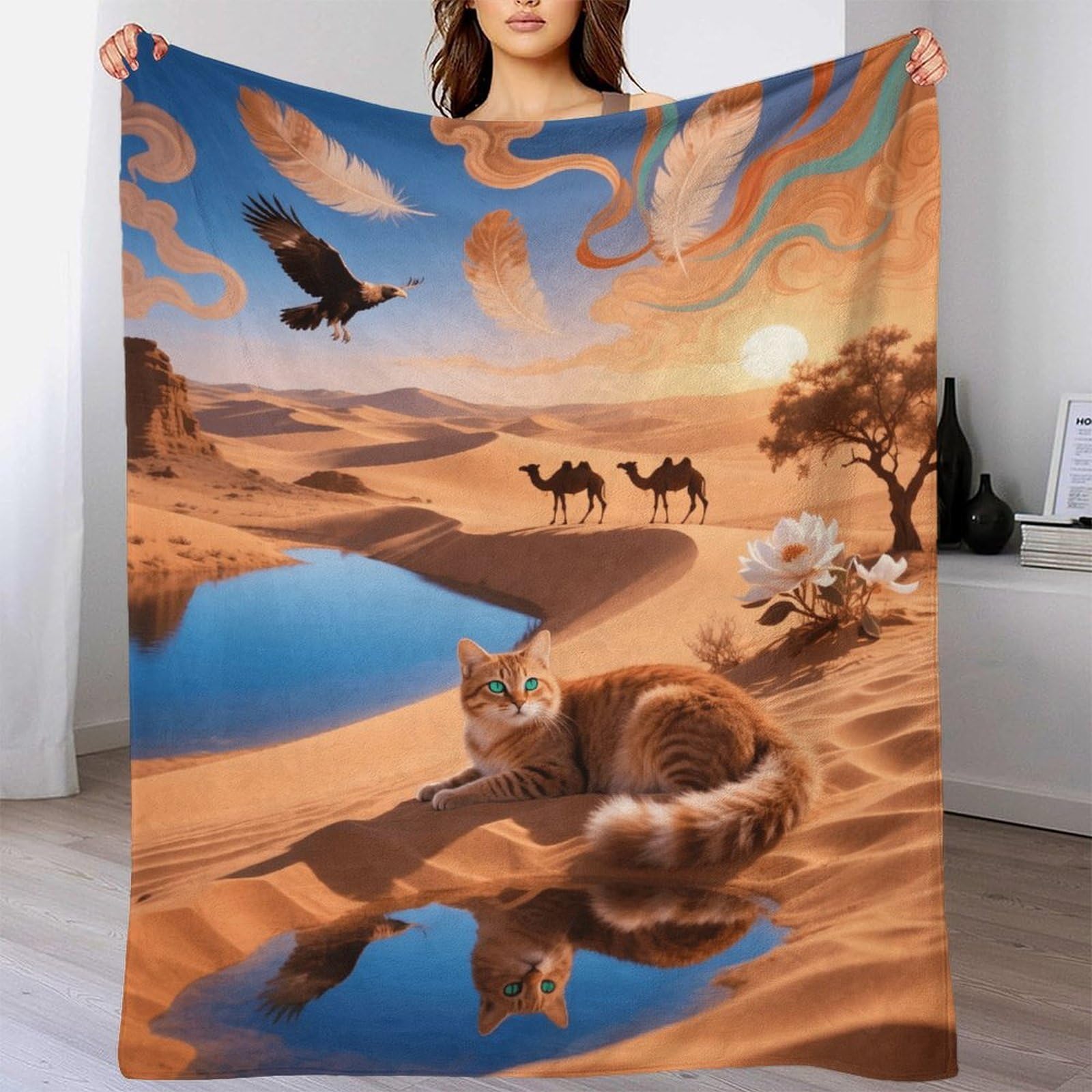 Emyxpaqm Style-3 Asian Cat Fleece Throw Blanket For Couch Sofa Bed All Season Cat Desert Pattern Blanket Fluffy Soft Warm Flannel Gifts For Her Or Him 80X90inch(200X230cm)