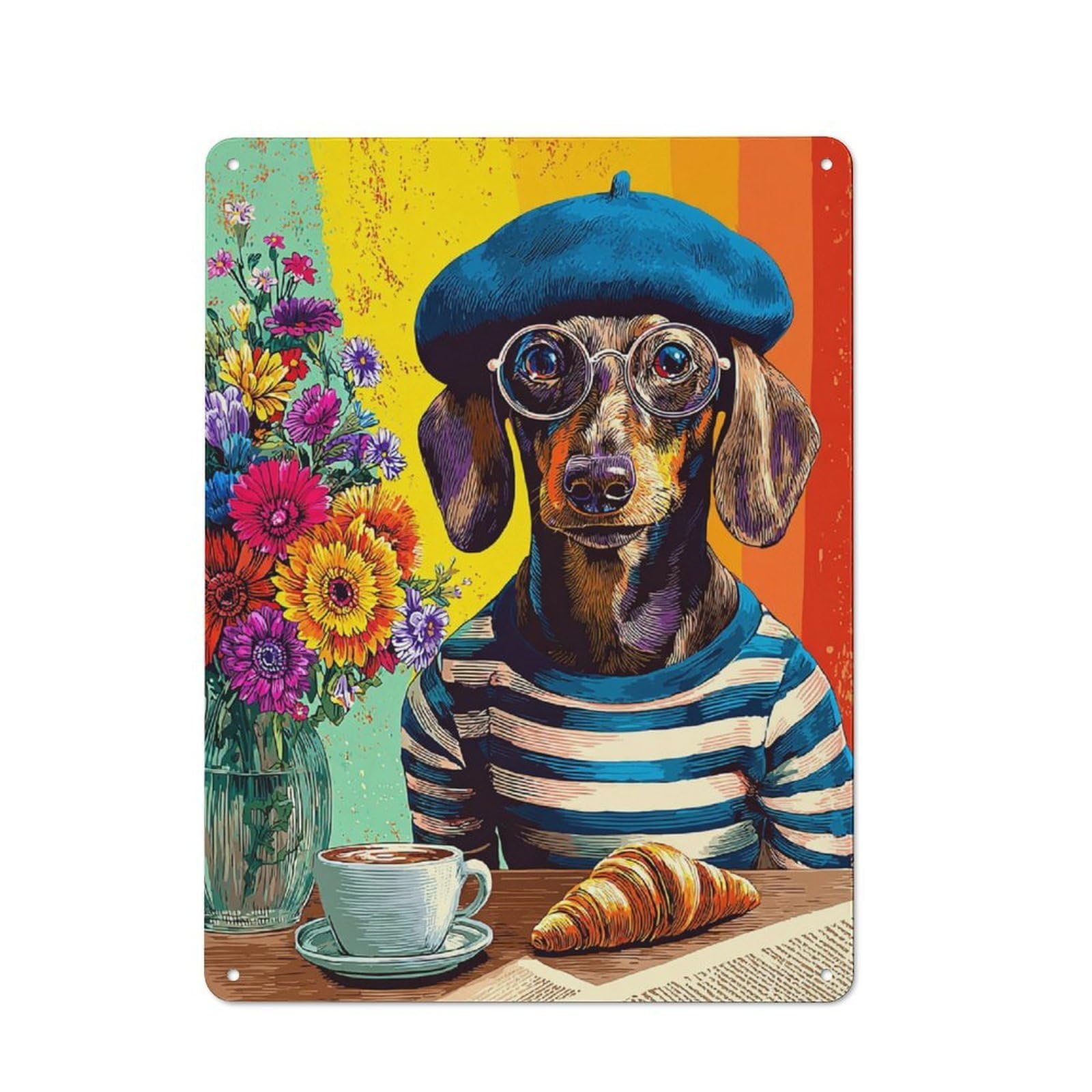 Junmoney Parisian Pooch A Whimsical Café Scene Vintage Tin Sign 40X30cm, Old Fashioned Retro Room Decor For Bedroom, Office, Home Bar Or Dining Room