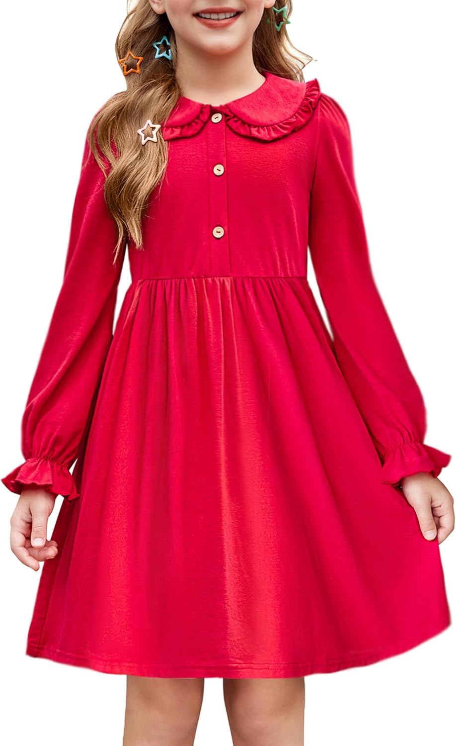 Arshiner Girls Long Sleeve Dress Fall Winter Ruffle Peter Pan Collar Front Button Casual Cotton Dresses