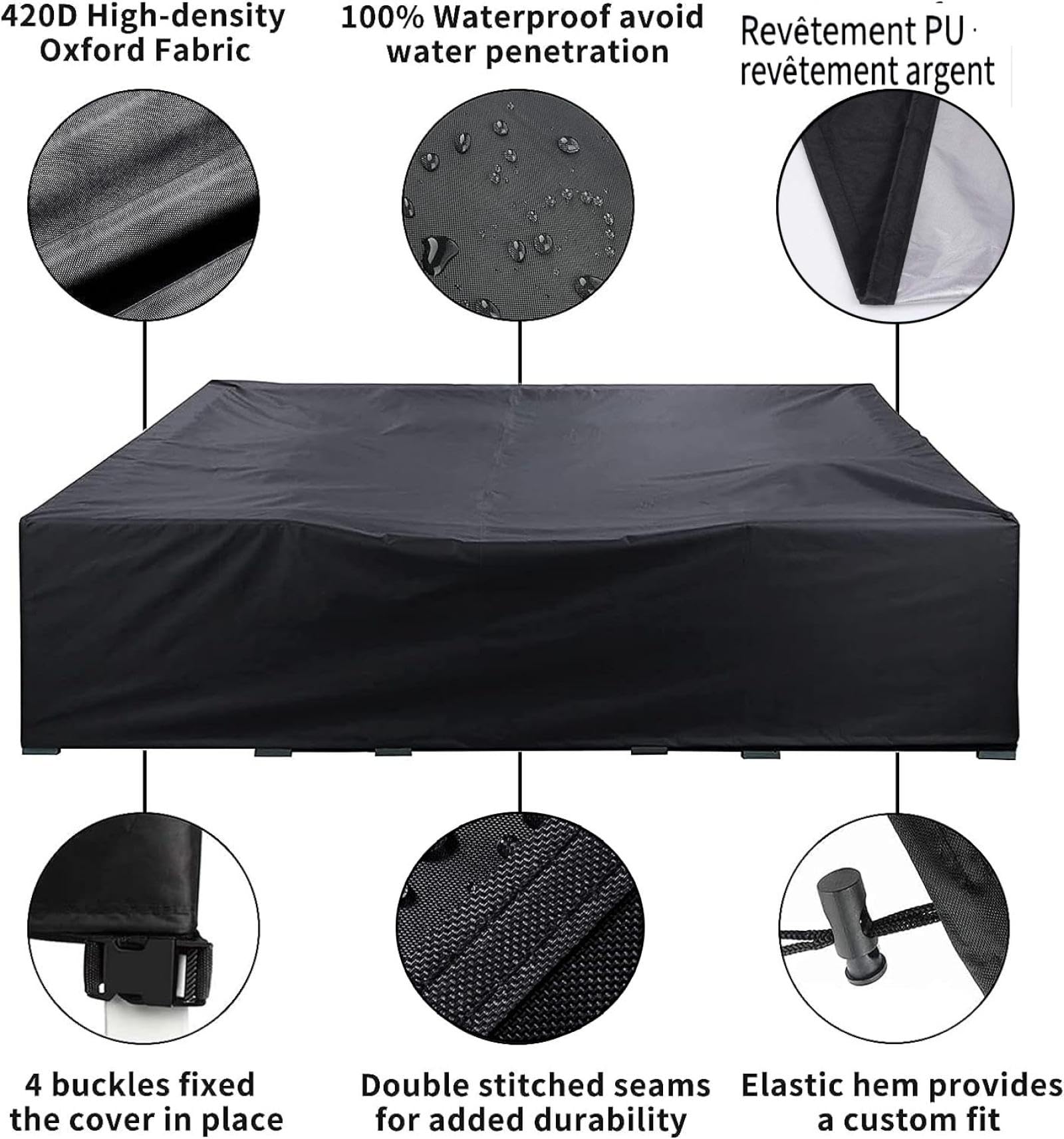 Telo Copritavolo da Esterno,Copertura Tavolo da Giardino Protezione UV 420D Oxford Tessuto Copertura Tavolo Esterno Impermeabile Copertura Mobili da Giardino 280x100x85cm(LxWxH)-Nero