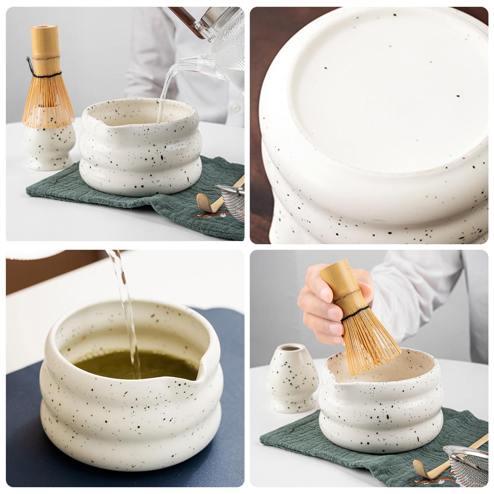 Joiish Set per il matcha, frusta e ciotola con beccuccio, setaccio per matcha, supporto per frusta, paletta e poggiapolina, kit perfetto per tè Matcha, 7 pezzi (grigio antracite
